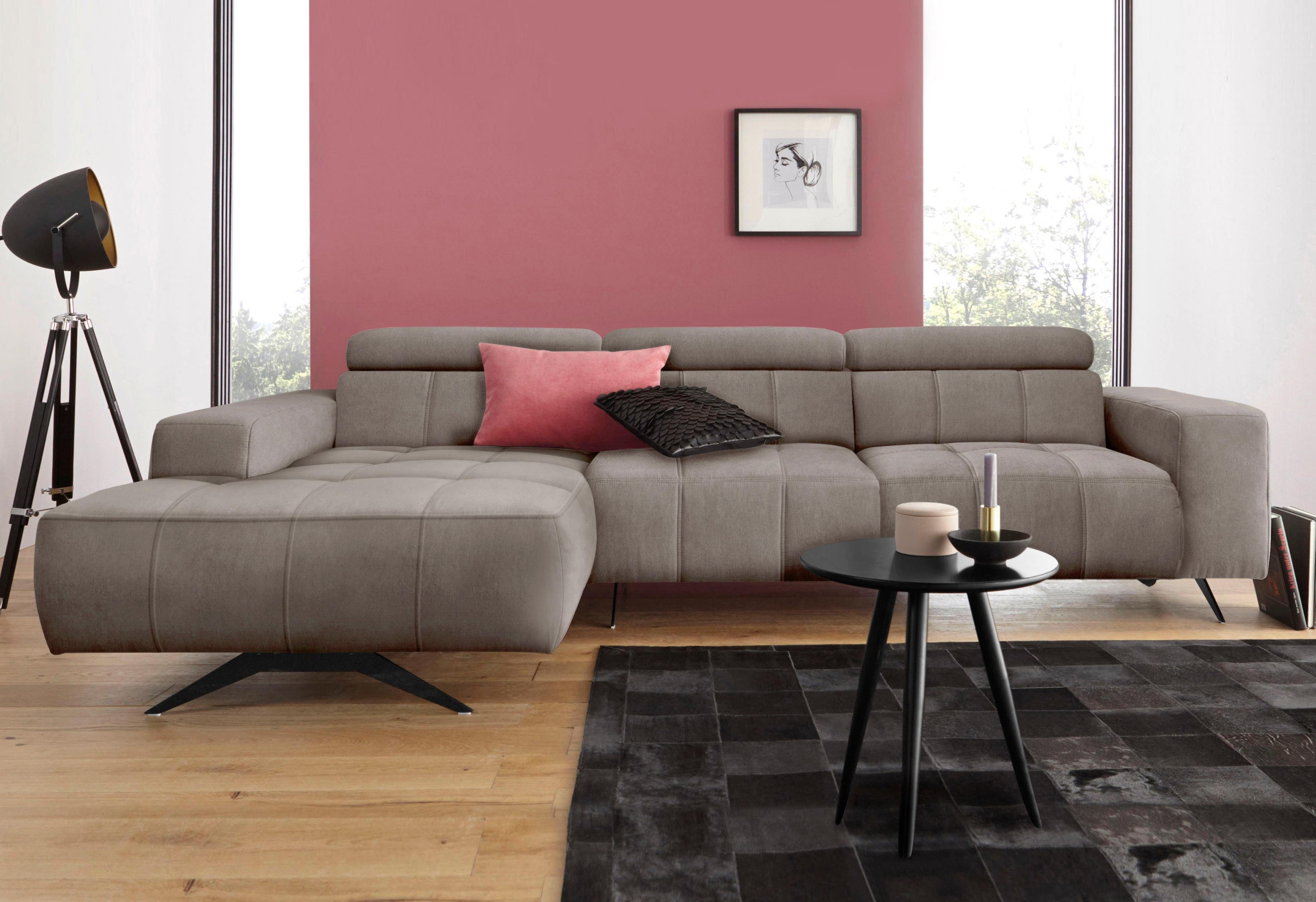 DOMO collection Hoekbank Trento L-vorm, met sledevoet of enkele voet naar keuze met verstelbare hoofdsteun, récamier links/rechts bestelbaar