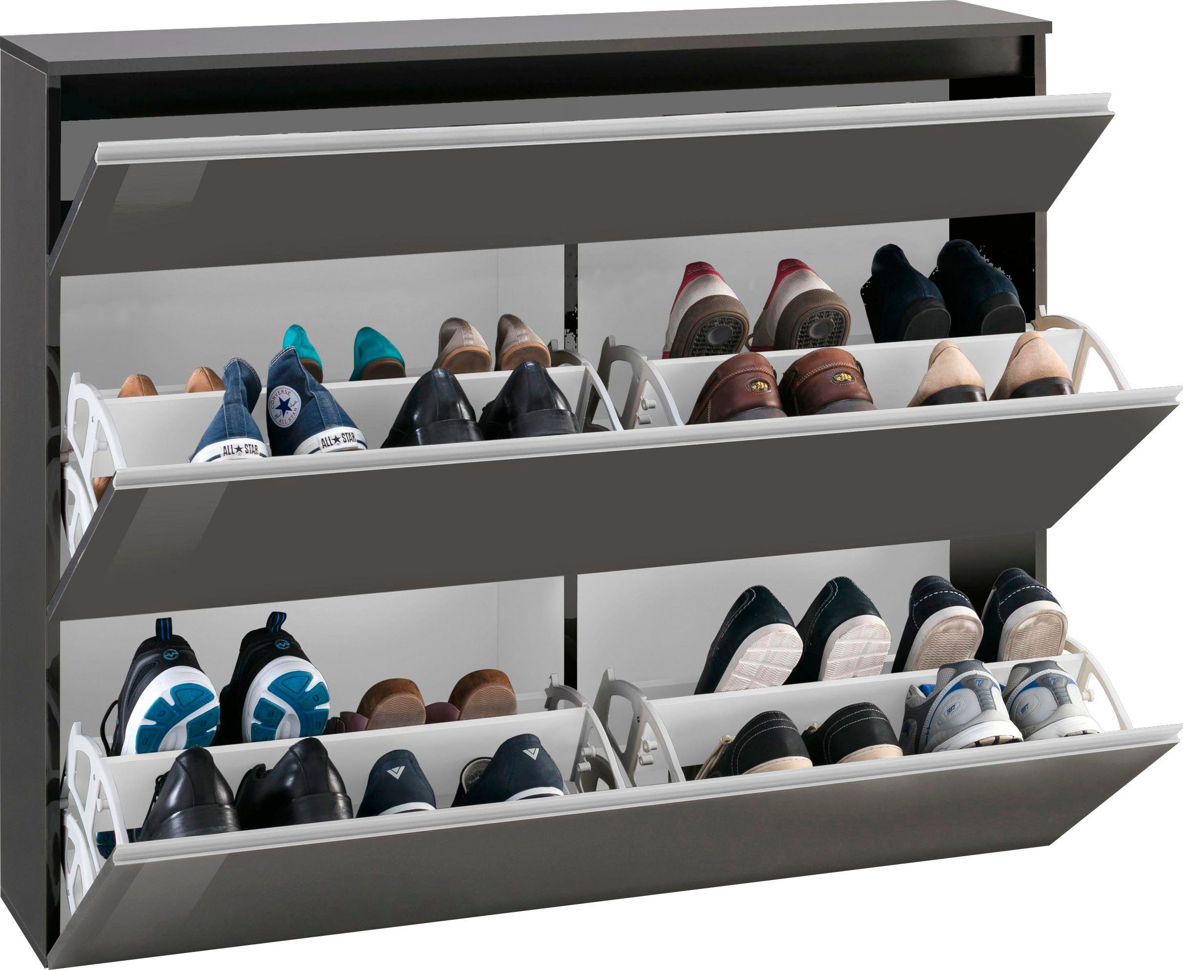 INOSIGN Schoenenkast Magic schoenenkast, schoenencommode, schoenenrek, soft grip 3 kleppen, dubbele schoenrollen volledig hoogglans gelakt breedte 120