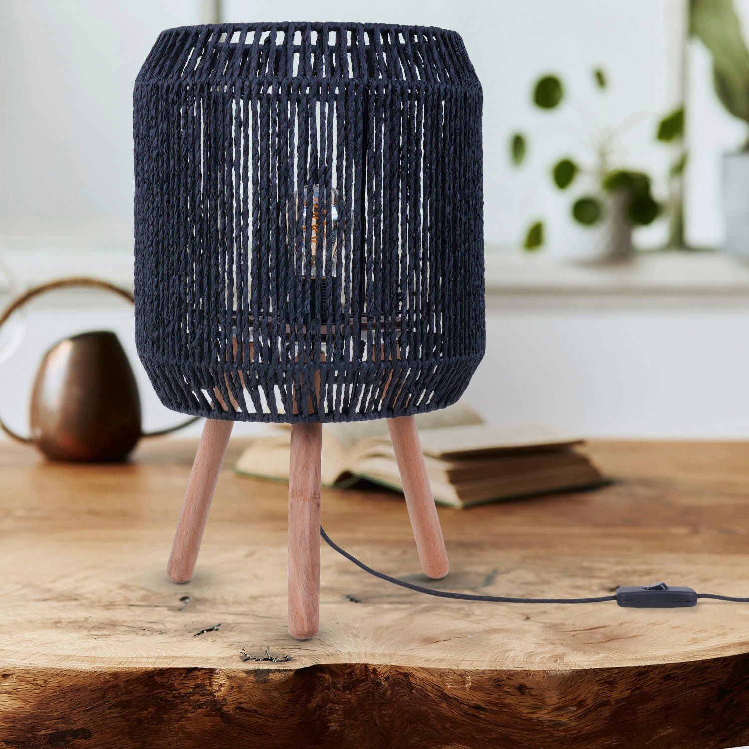 Paco Home Tafellamp Sol Boho decoratie lampenkap mand hout E27