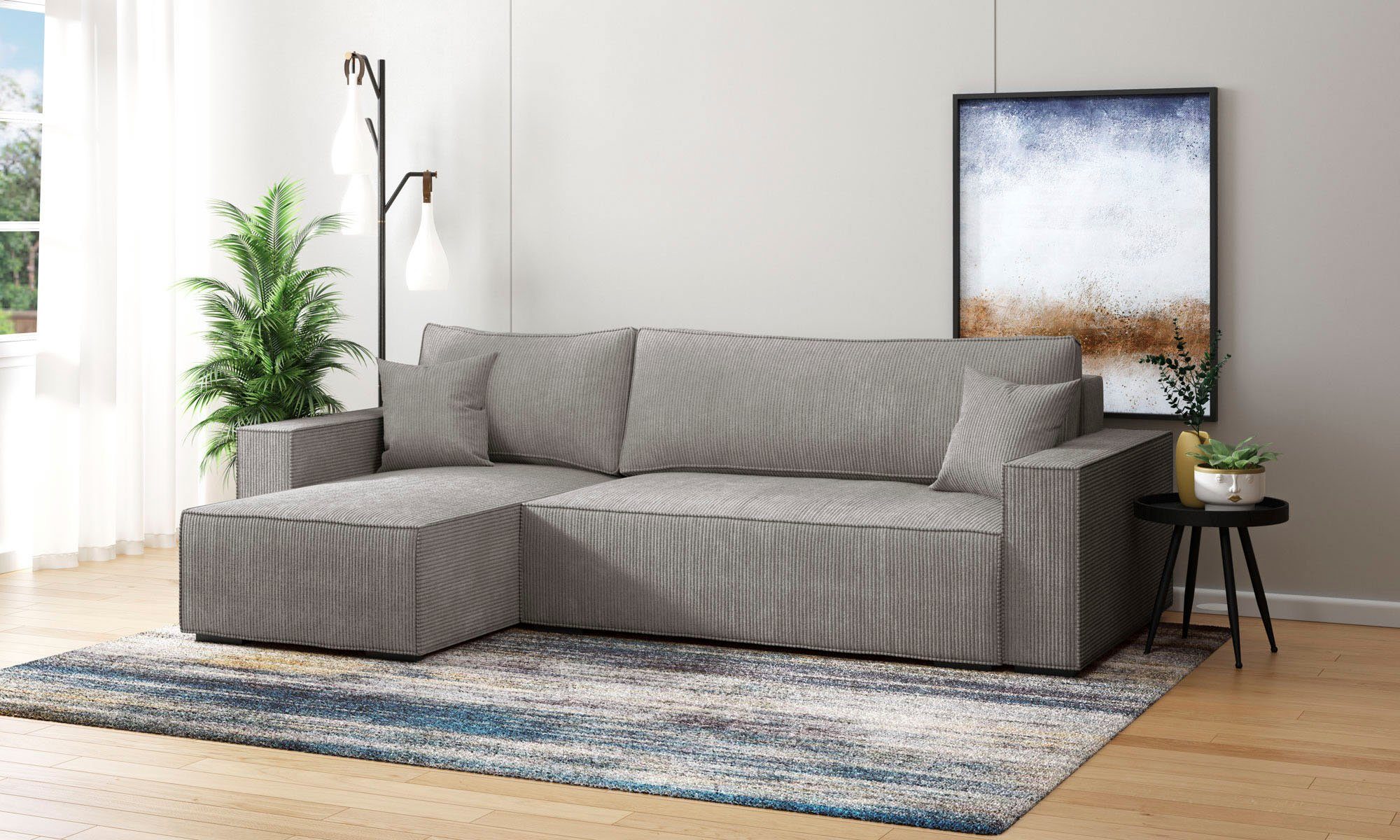 INOSIGN Hoekbank Winton ribfluwelen bank/slaapbank 253 cm Ribfluweel, omkeerbare recamiere, slaapfunctie (130/208 cm), bedbox