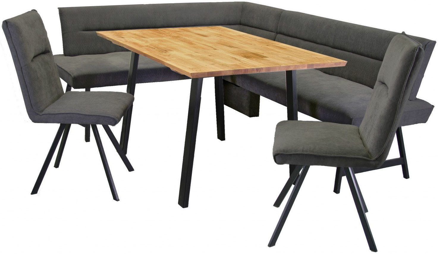 Home affaire Eethoek Sava Hoekbank met nosagvering in de zitting, massief eiken tafel (set, 4-delig) eethoeken grijs