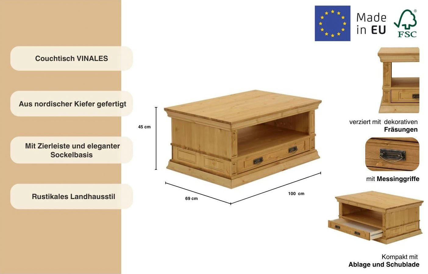 Home affaire Salontafel Vinales Breedte 100 cm, met 1 lade