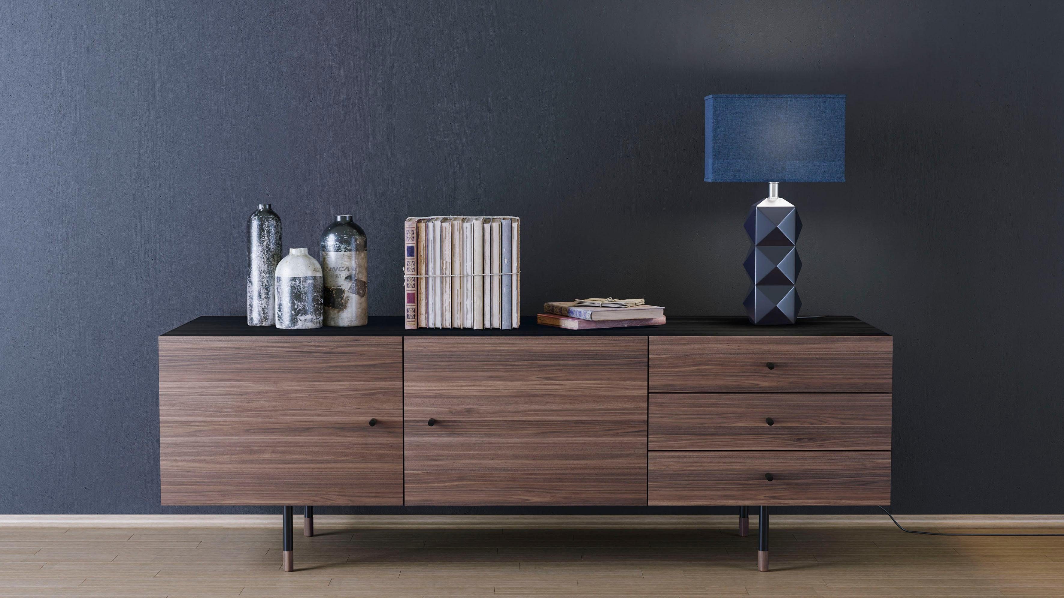 Woodman Dressoir Daniel Commode met walnoot fineer, breedte 180 cm dressoirs maat 180x48x70 cm zwart