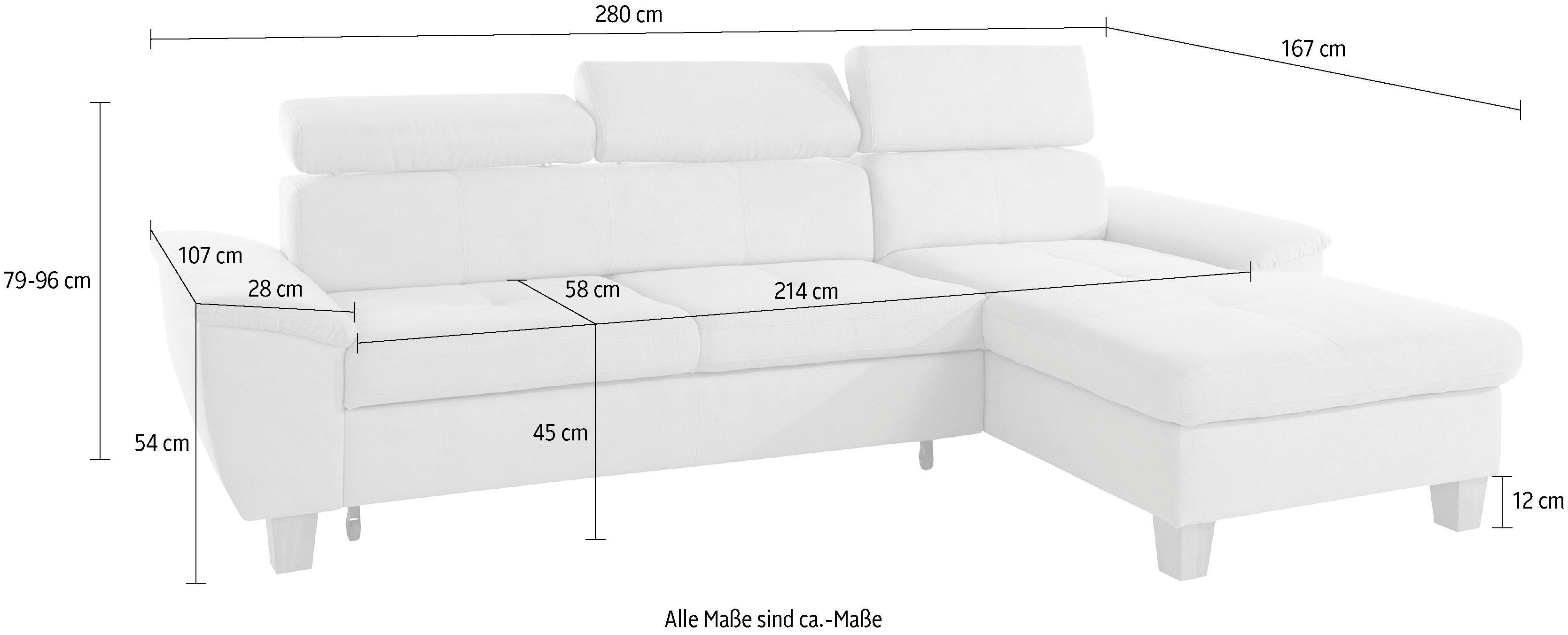 exxpo - sofa fashion Hoekbank Enya, uitgebreide afwerking, hoog zitcomfort, comfortabel, L-vorm inclusief verstelbare hoofdsteun, naar keuze met slaapfunctie en bedkist