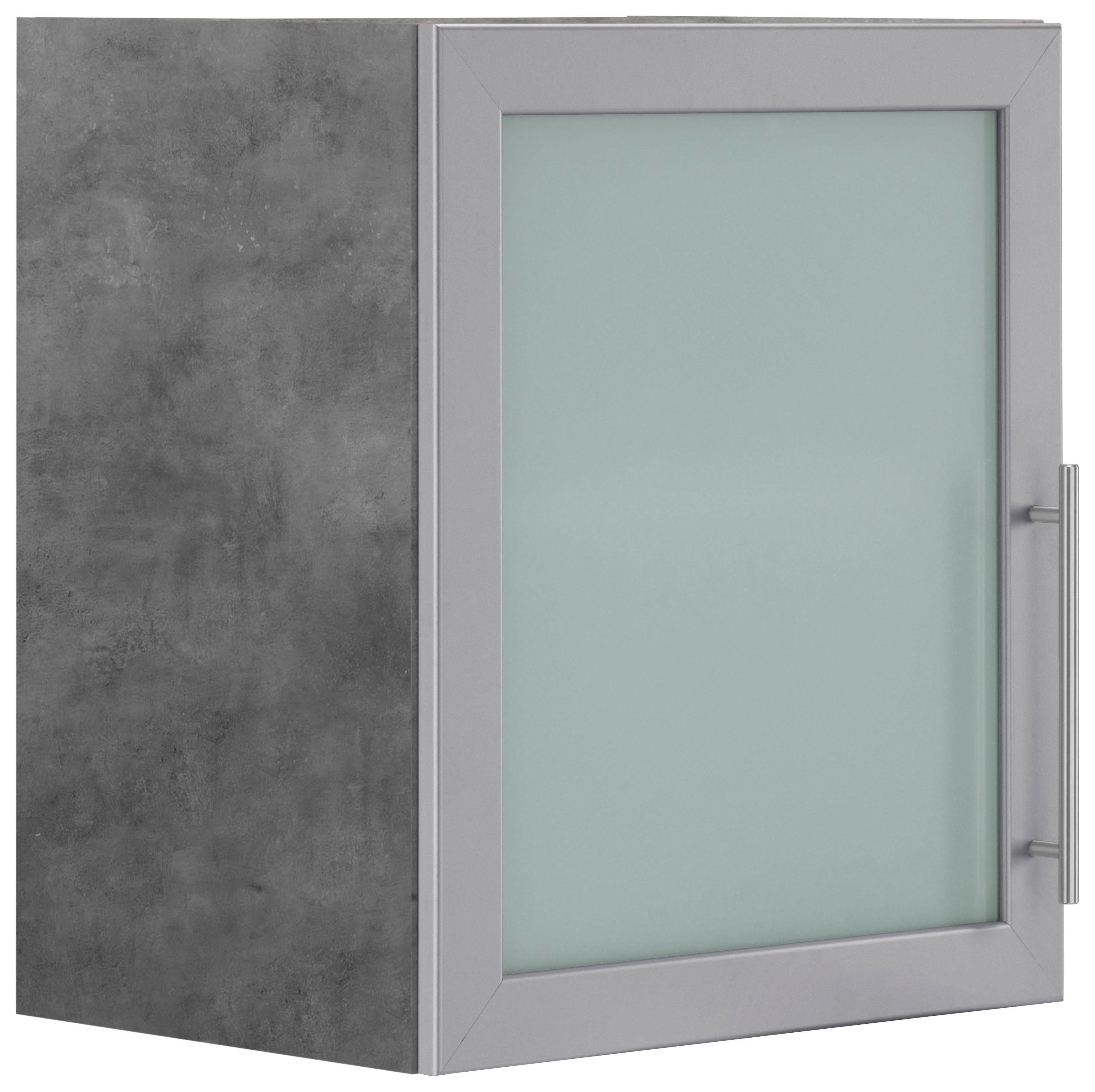 wiho Küchen Hangend kastje met glasdeur Cali met aluminiumkleurig glasdeurtje hangkasten grijs