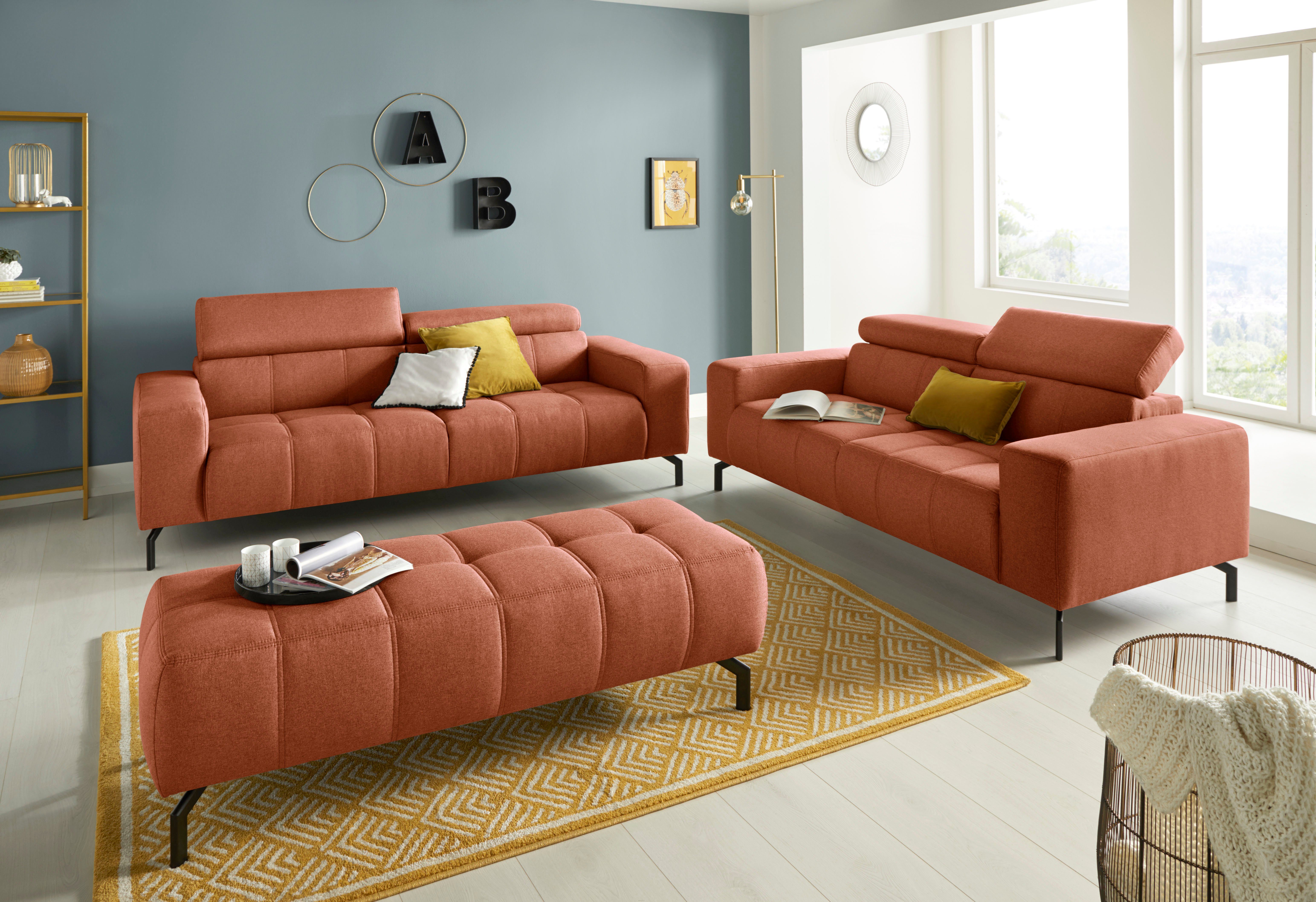 DOMO collection 2,5-zitsbank Cunelli tijdloos en elegant, moderne zitnaden als designelement, naar keuze met 6-voudig verstelbare hoofdsteunen, stevig zitcomfort