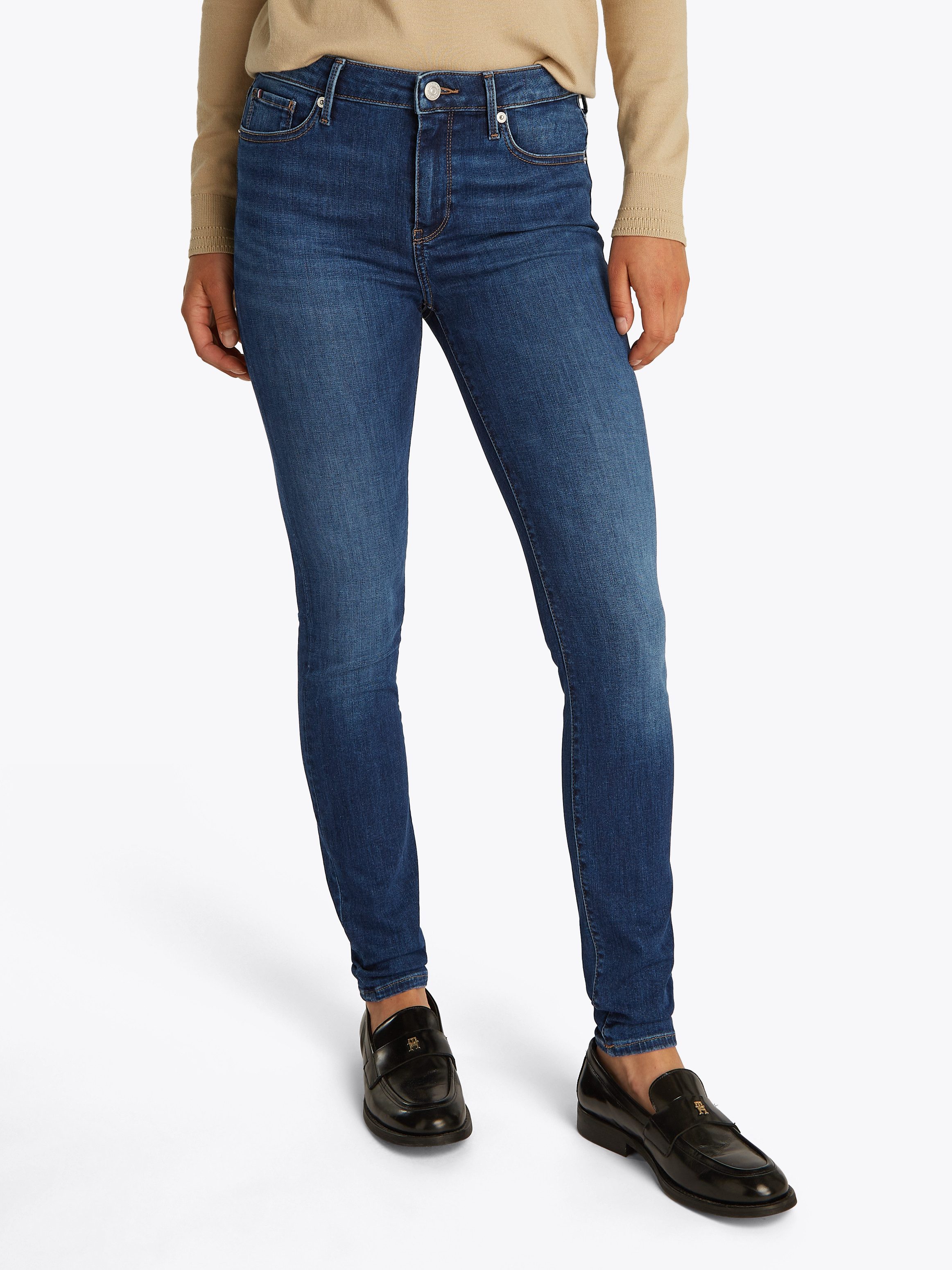 Tommy Hilfiger Skinny fit jeans COMO Skinny Regular Waist met logo-badge, in enkel-lengte dames skinny jeans maat 30 blauw