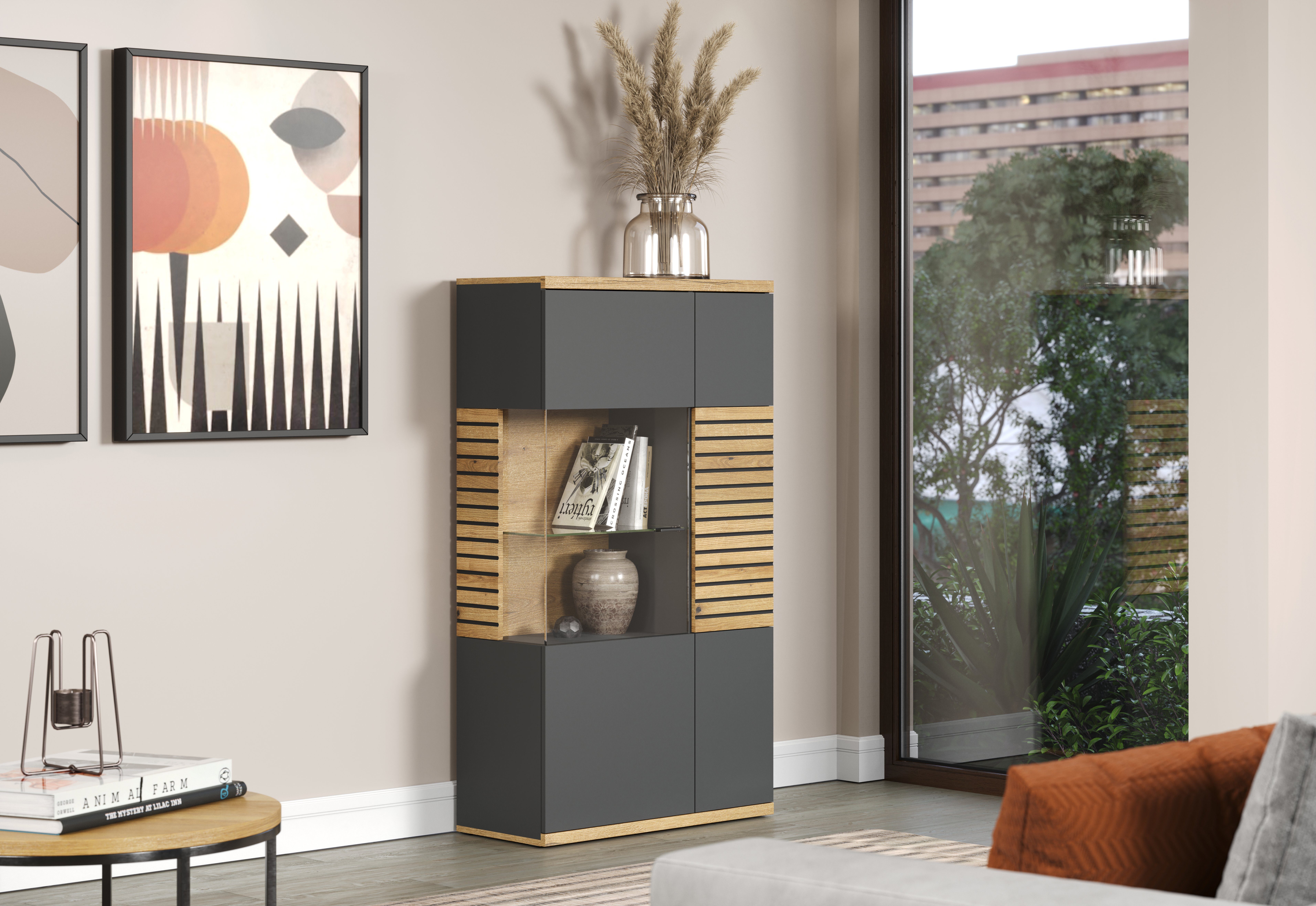 INOSIGN Highboard GALWAY Vitrine in trendy ribbellook met veel opbergruimte - Soft-Close
