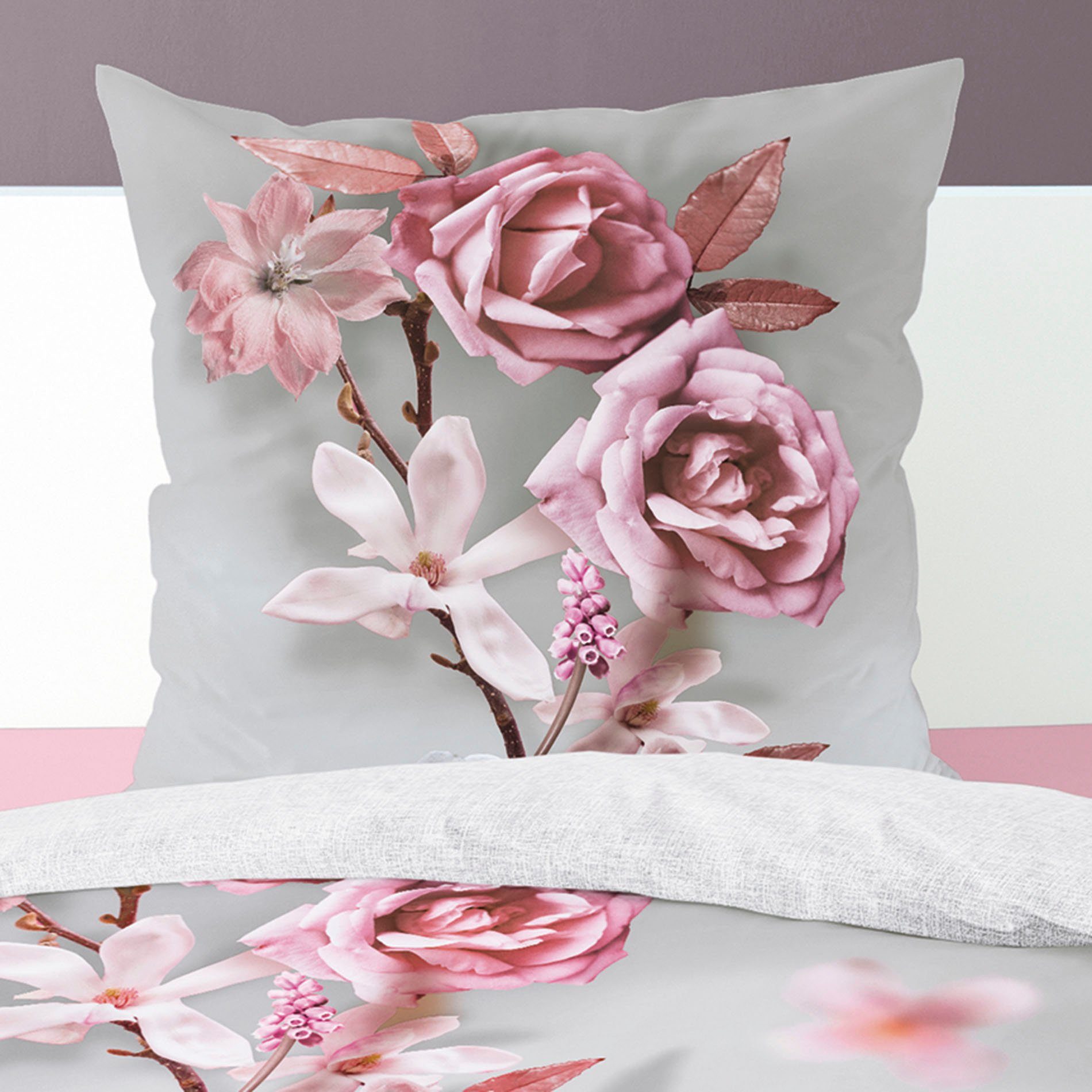 BIERBAUM Tweezijdig te gebruiken overtrekset Pink rose met bloemenprint (2-delig)