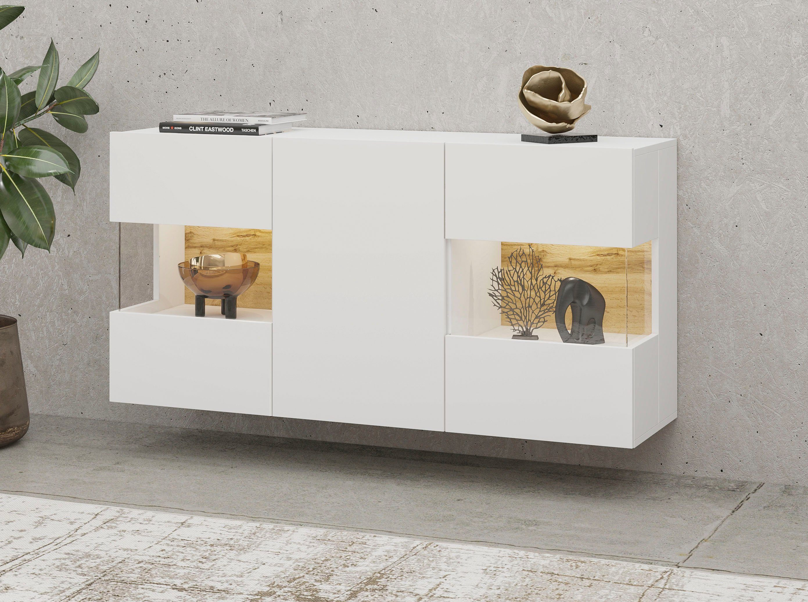 INOSIGN Dressoir Ava, breedte 120 cm, hangend en staand te monteren moderne grepless commode, buffet, 3 deuren, hoekverglasingen
