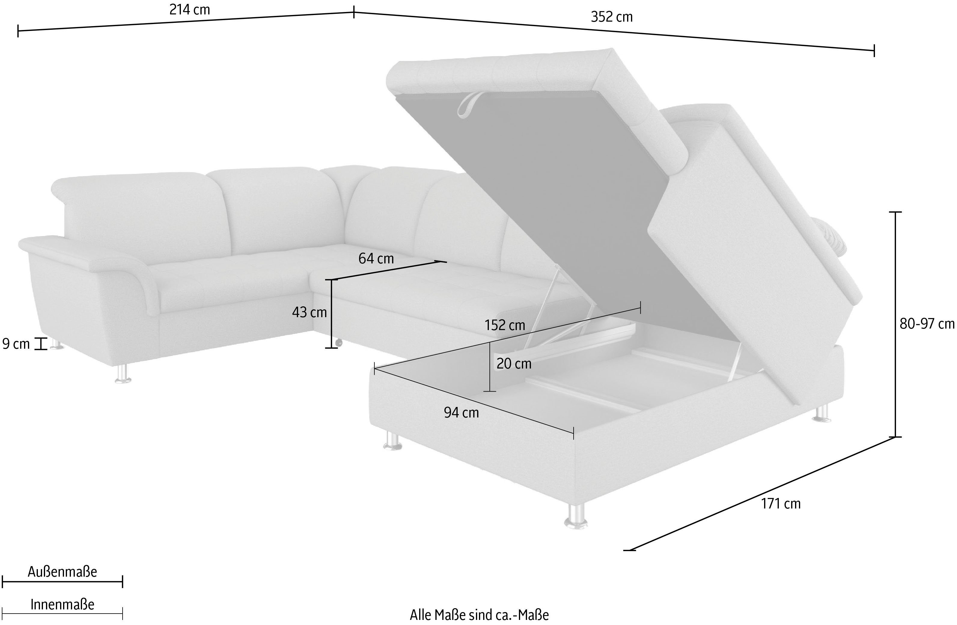 DOMO collection Zithoek Franzi optioneel met bedfunctie, bedkast & hoofdsteunverstelling
