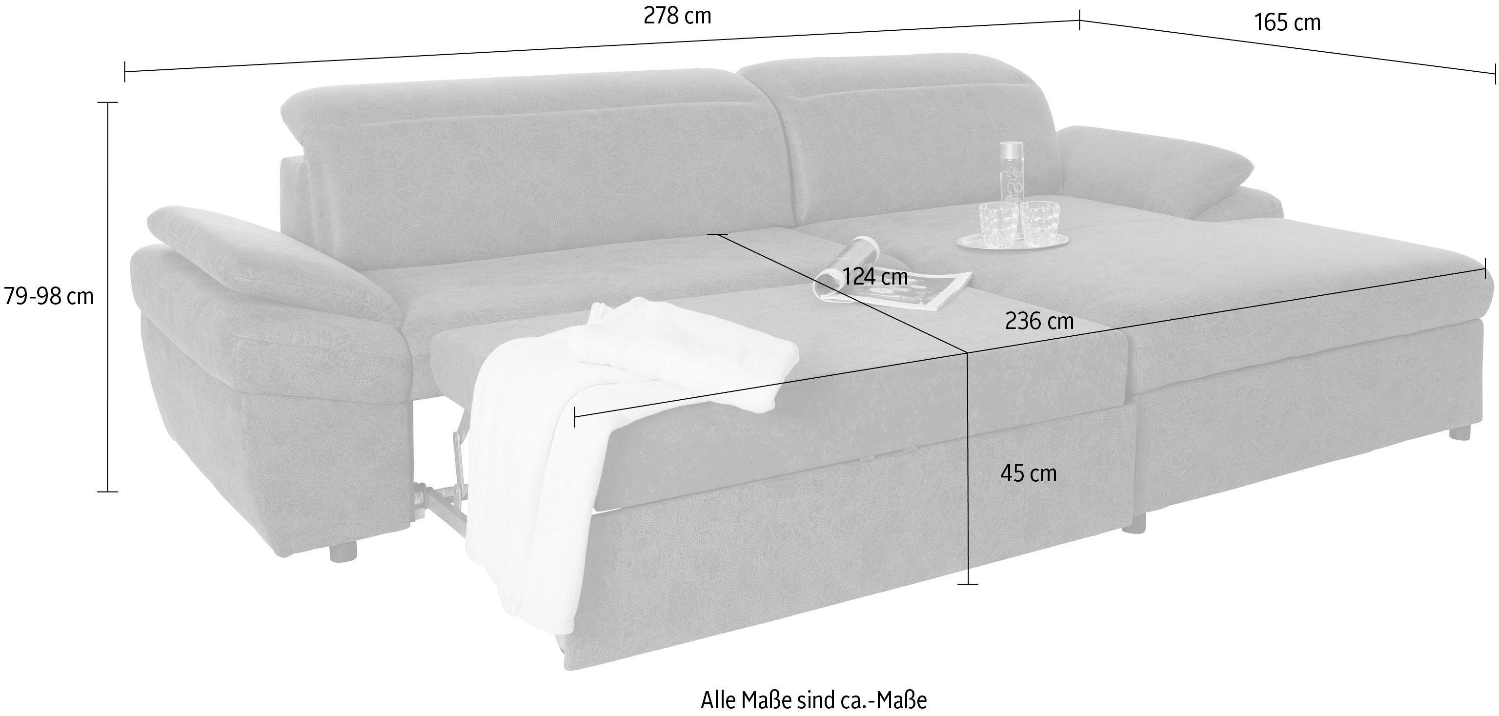exxpo - sofa fashion Hoekbank Kyoto, incl. hoofd- en armleuningverstelling, hoog zitcomfort keuze met bedfunctie en bedlade, hoogwaardige bekleding, l-vorm