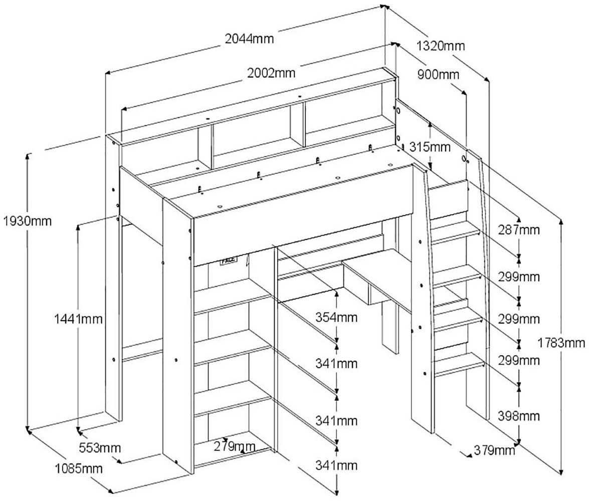 Parisot Hoogslaper Shelter 11 geïntegreerd bureau, ladder, rek, kledingstang, planken (1 stuk)