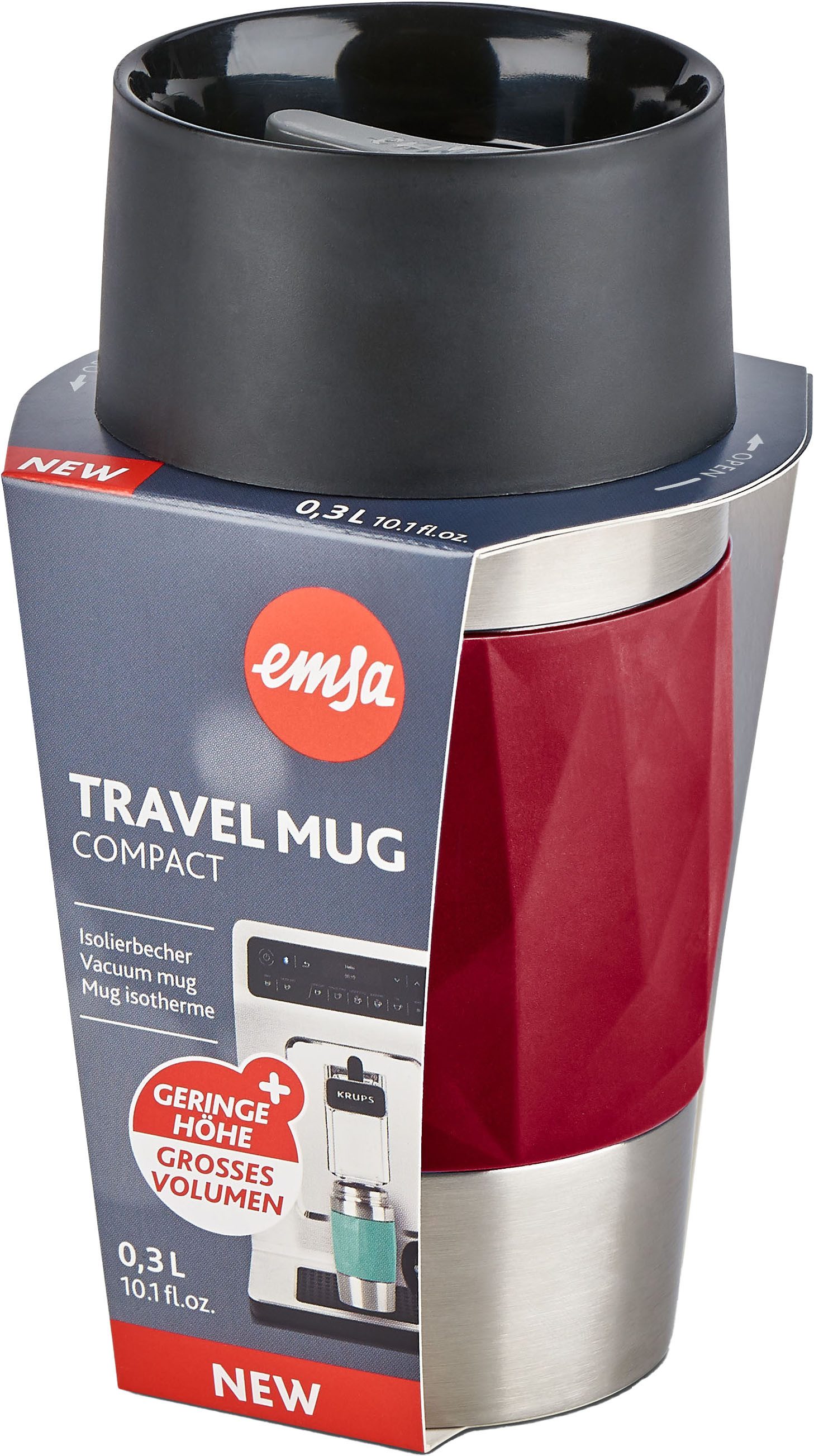 Emsa Thermosbeker Travel Mug Compact 0,3l, roestvrij staal, 3u warm/6u koud, 360° drinkopening, vaatwasmachinebestendig