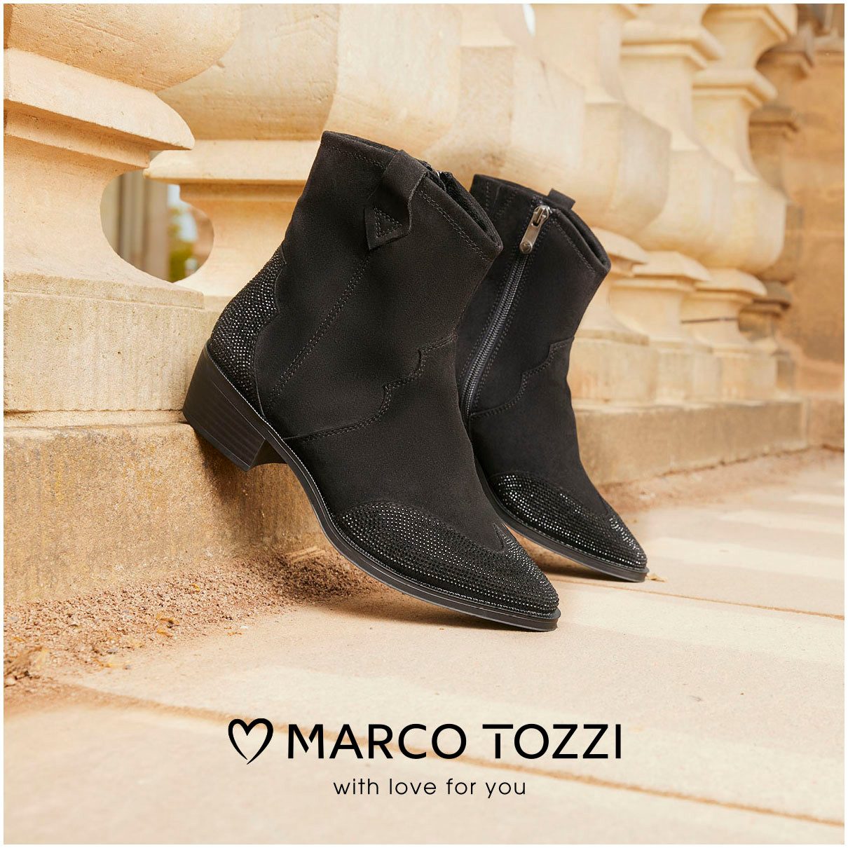 Marco Tozzi Cowboylaarsjes blokhak, cowboy enkellaars, laarzen, fonkelende glittersteentjes