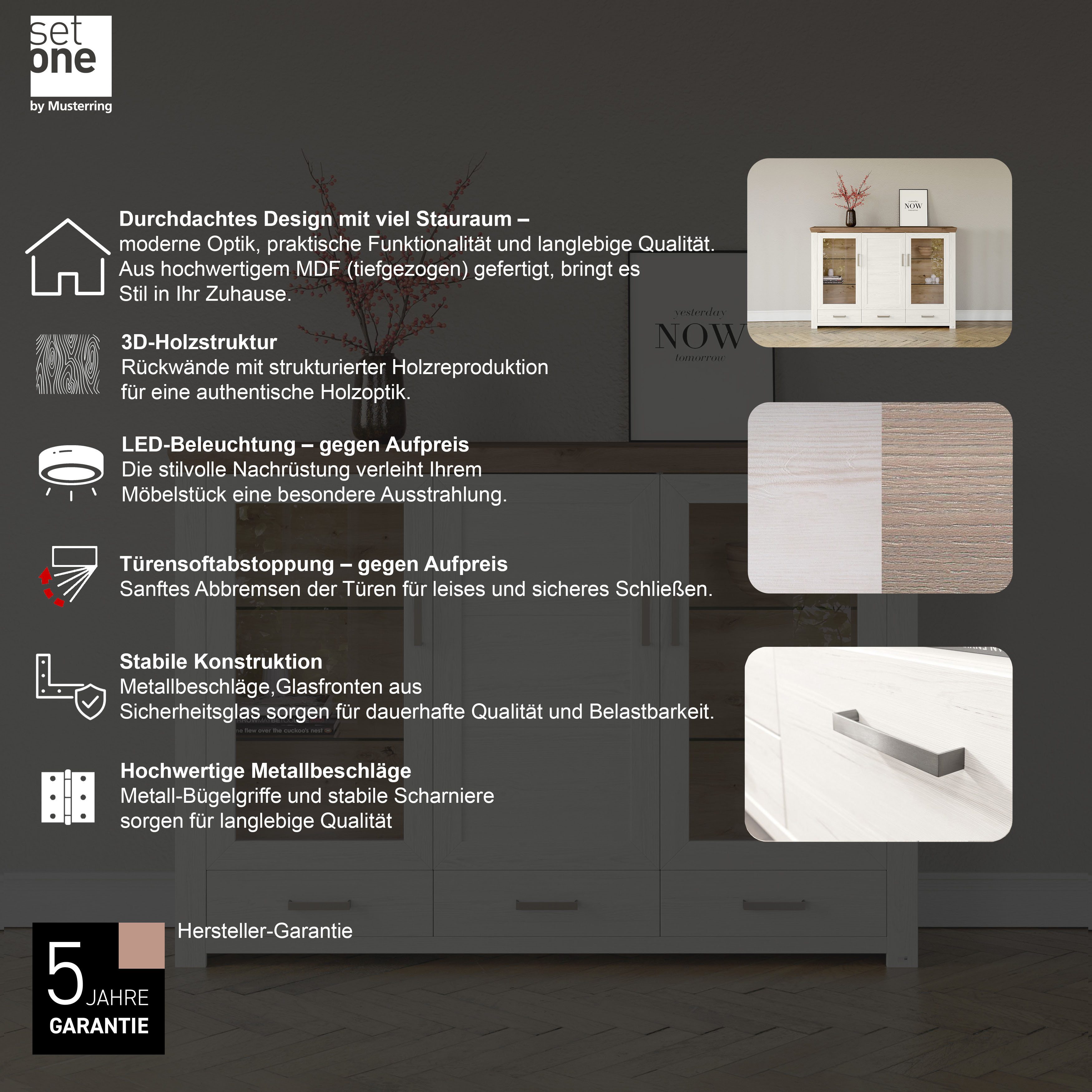 set one by Musterring Highboard York Type 57, met glazen deuren, veel opbergruimte, verlichting optioneel, B 184 cm