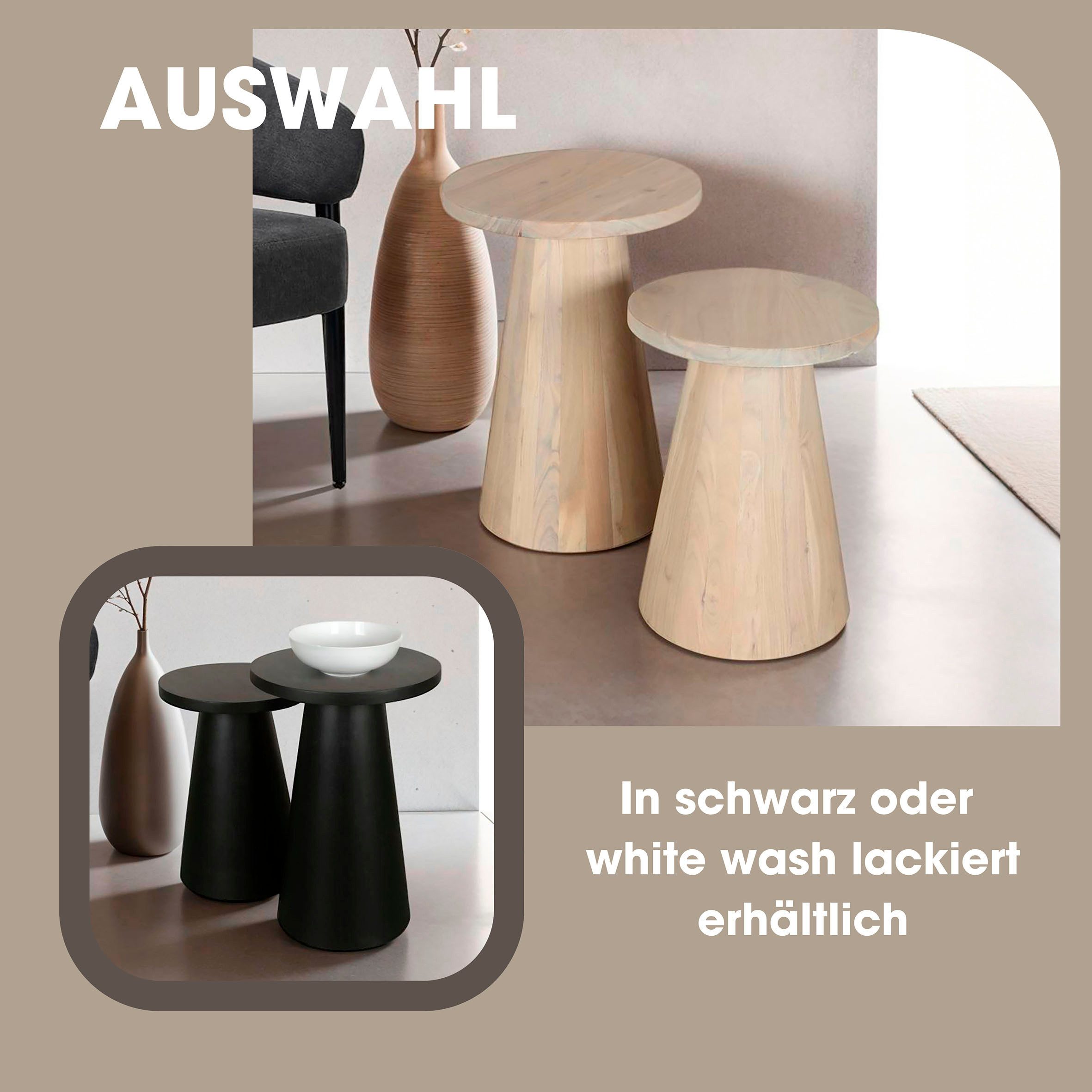 byLIVING Bijzettafel Kegel uit massief hout in zwart of white wash, verschillende maten