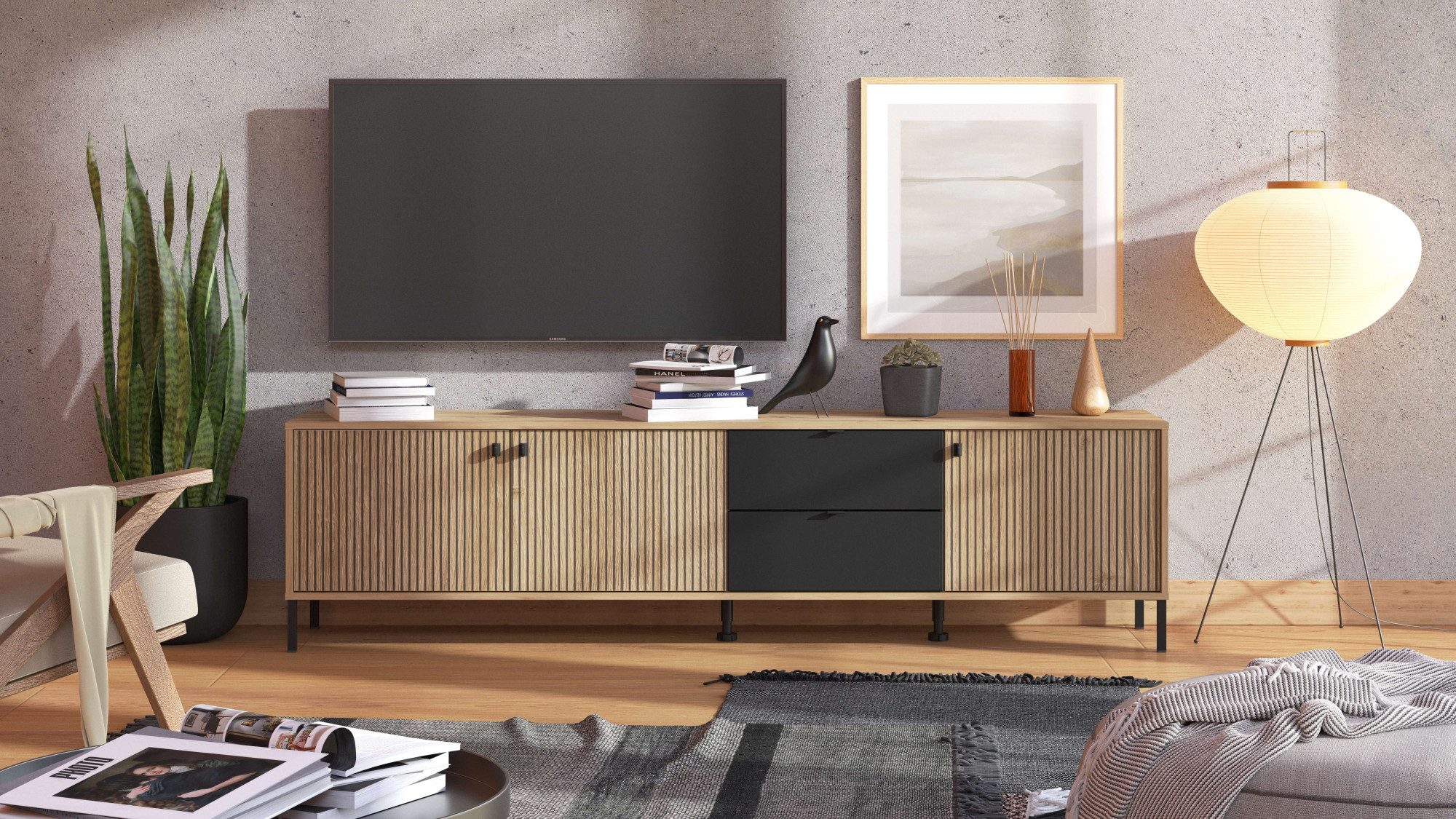 Home affaire Tv-meubel Mayenne TV-Lowboard, Breedte 208 cm Kast met 3 deuren in groeflook, 2 lades