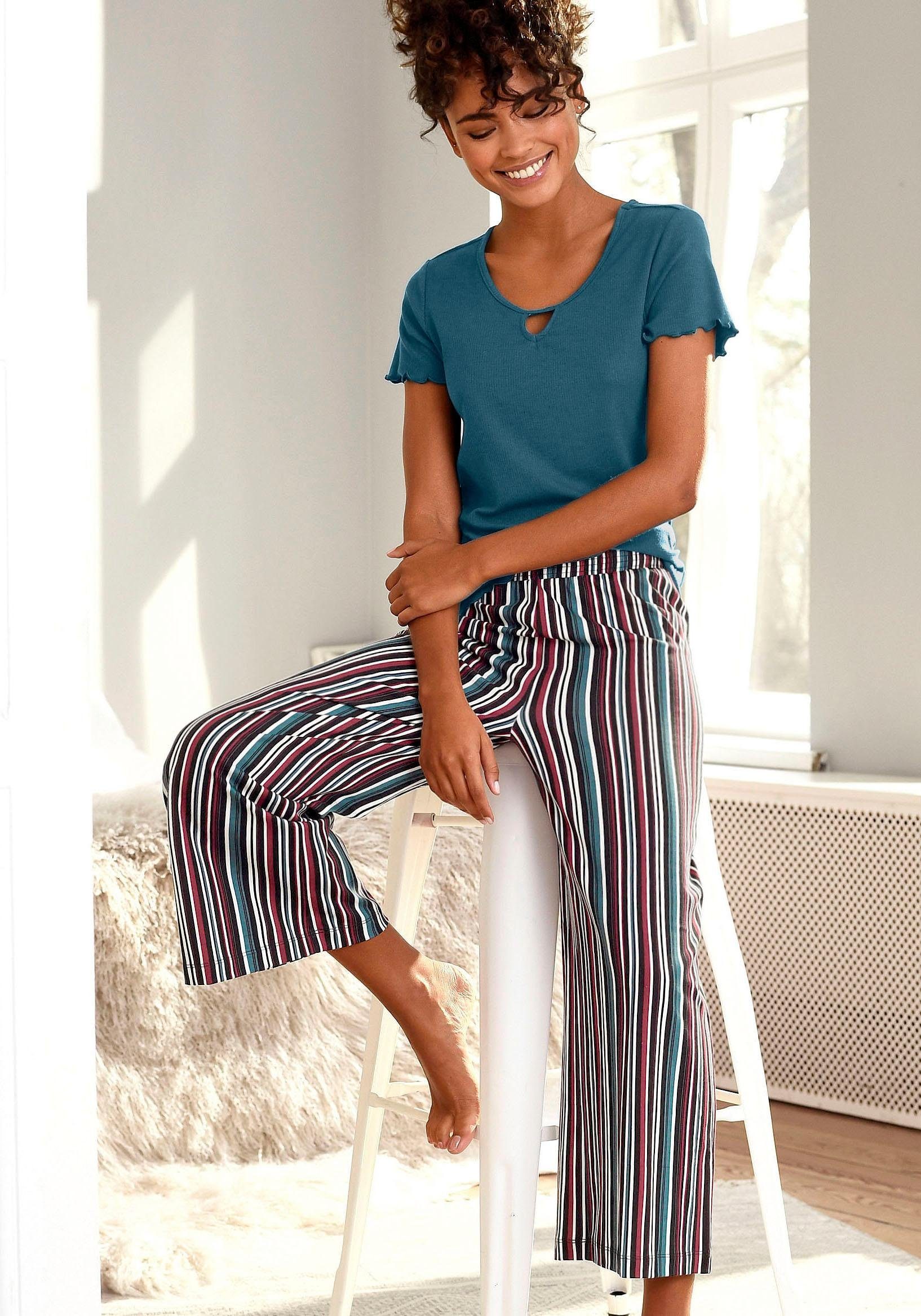 s.Oliver RED LABEL Beachwear Pyjama top van geribde stof met rimpelrandjes