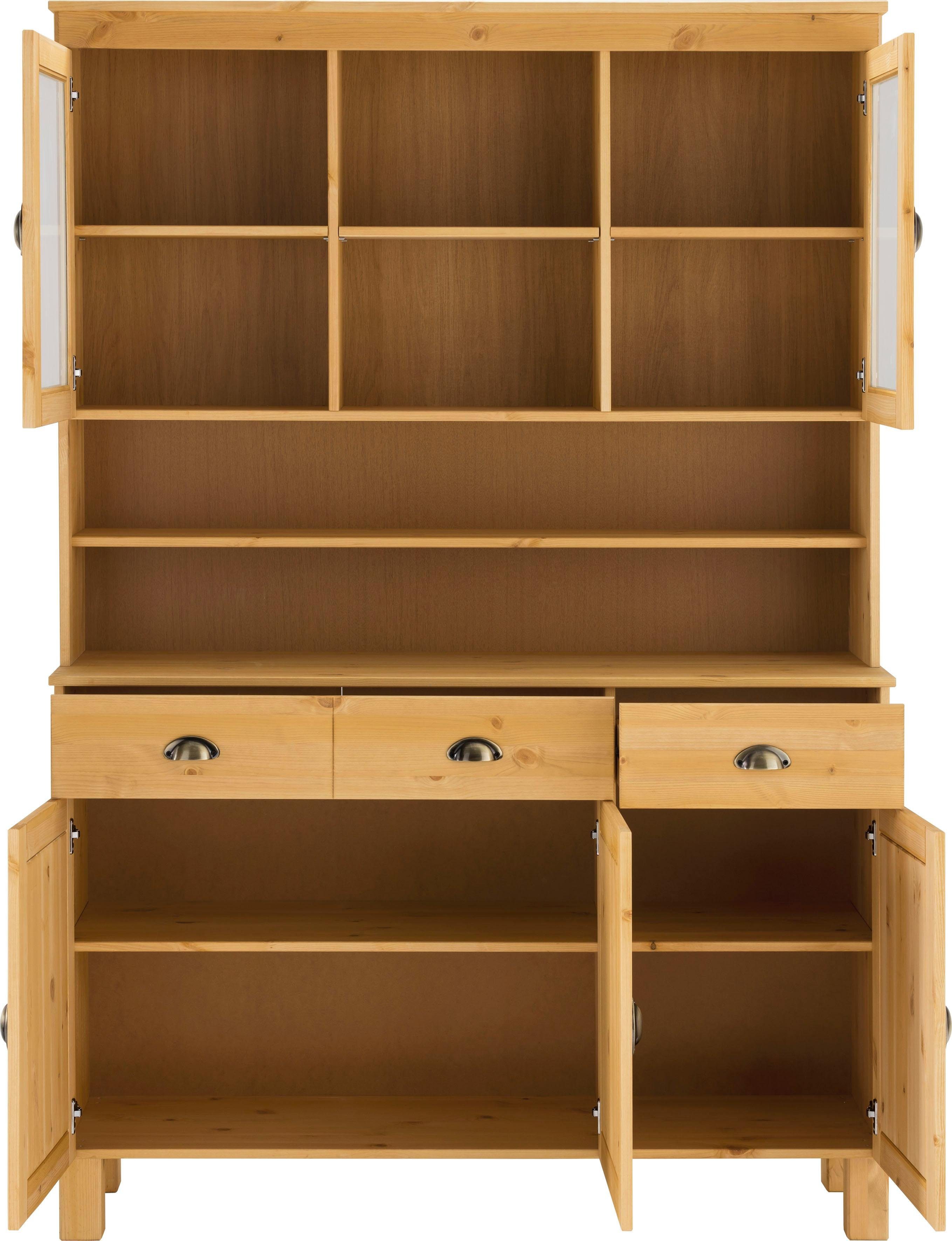 Home affaire Keukenbuffet Oslo 125 cm breed, van massief grenen, met 2 glasdeuren, metalen grepen