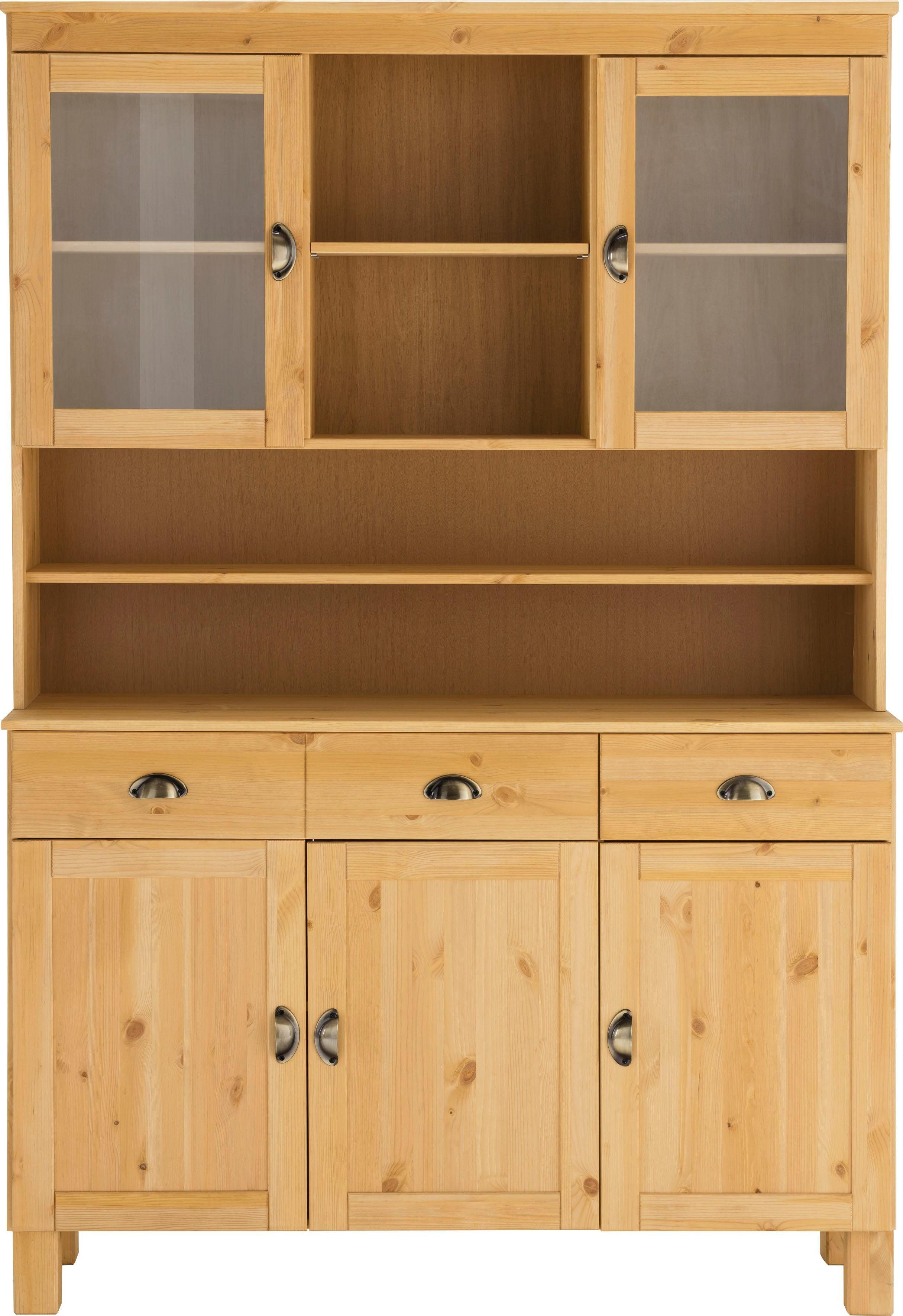Home affaire Keukenbuffet Oslo 125 cm breed, van massief grenen, met 2 glasdeuren, metalen grepen