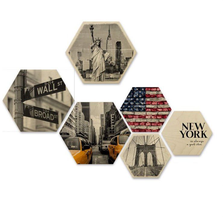 Wall-Art Meerdelige artprint New York collage stad houten decoratie (set, 6 stuks)