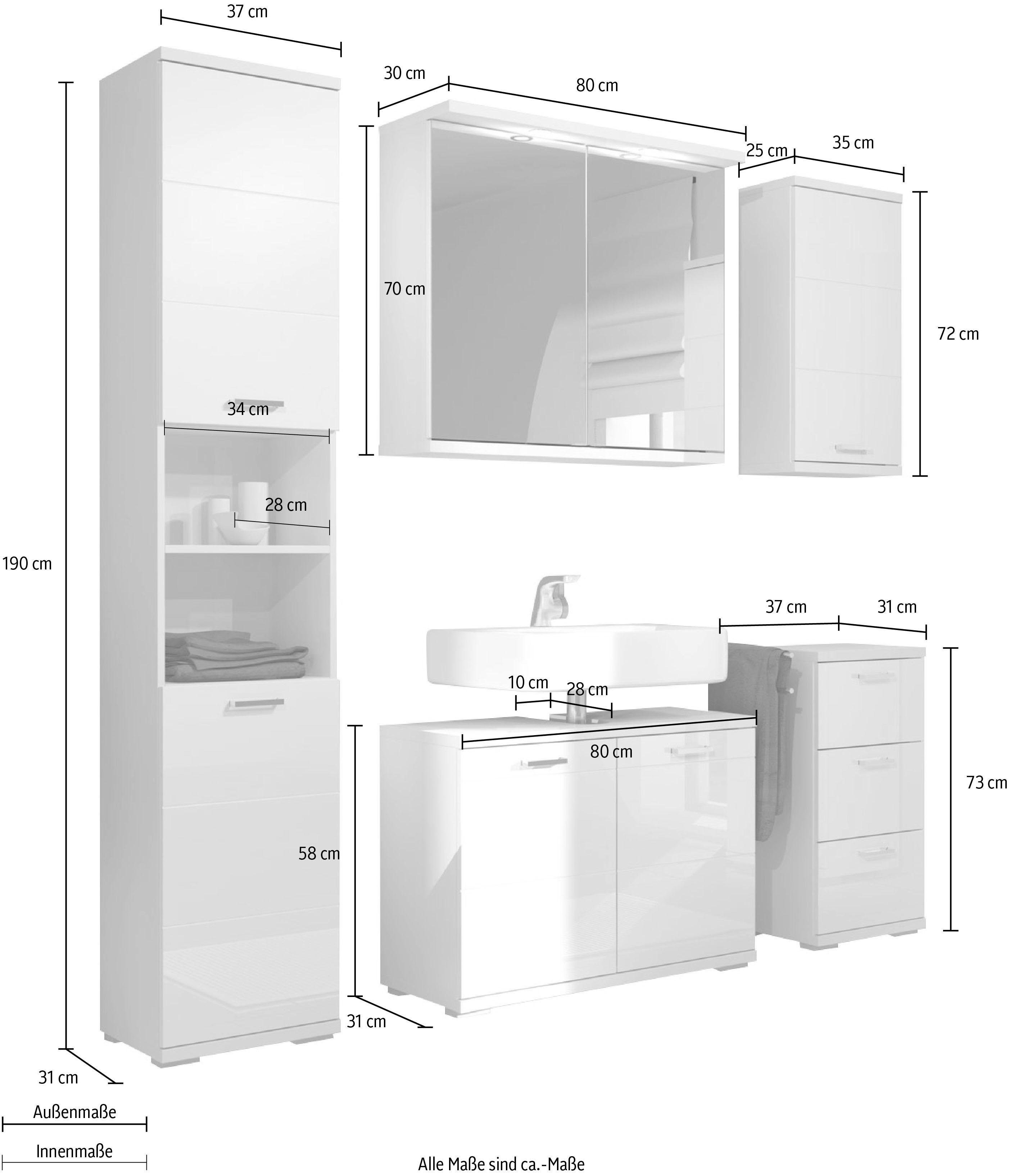Homexperts Badkamerserie Nusa van spiegelkast, hoge kast, wastafelonderkast (5-delig)