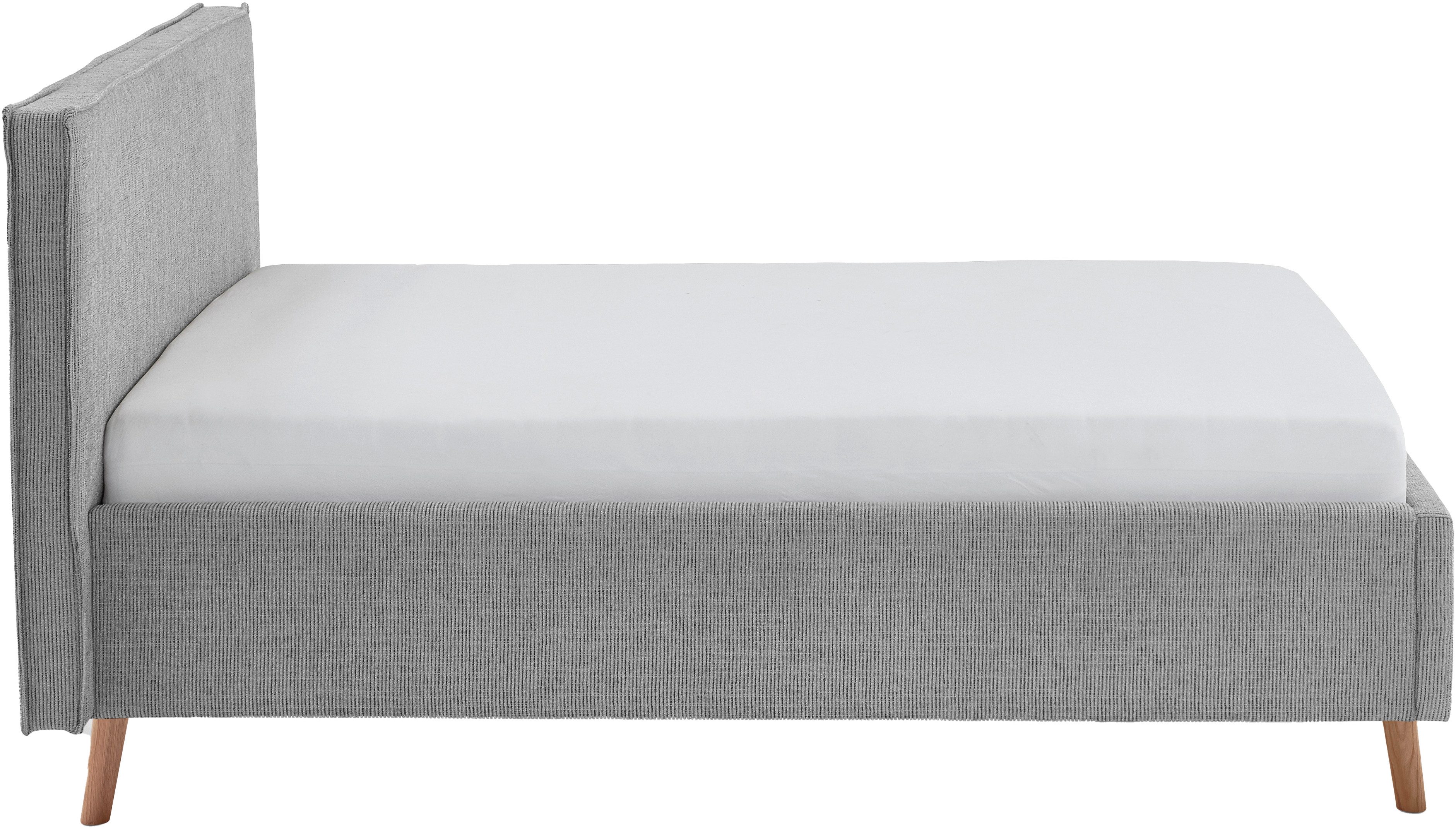 meise.möbel Gestoffeerd bed Riva met eikenkleurige houten poten, naar keuze met bedkist en lattenbodem