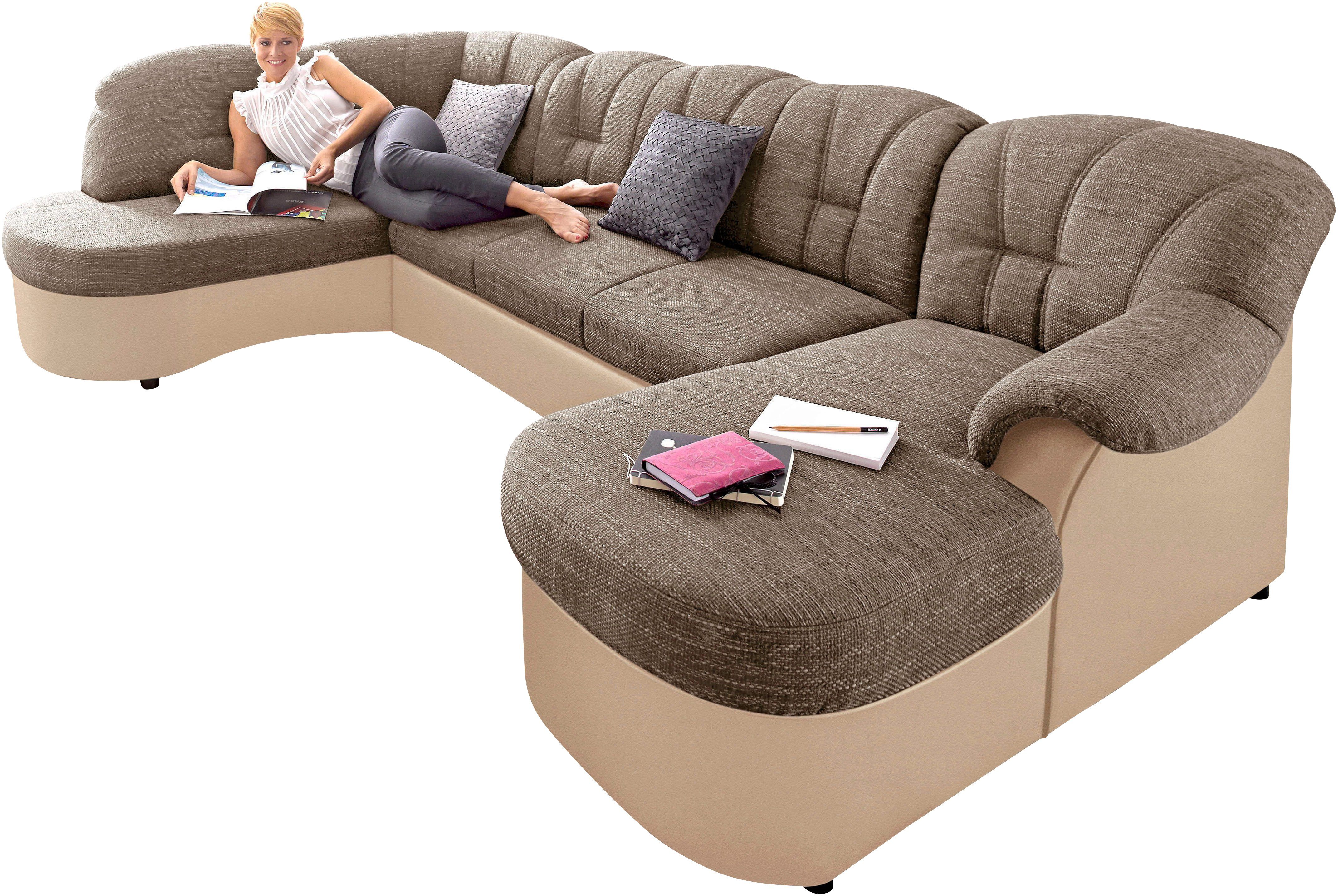 DOMO collection Zithoek Flores ook in leren bekleding, B/D/H: 293/180/86 cm, U-vorm (3 stuks) beige, zithoeken, 114 cm x 235 cm, Récamier rechts