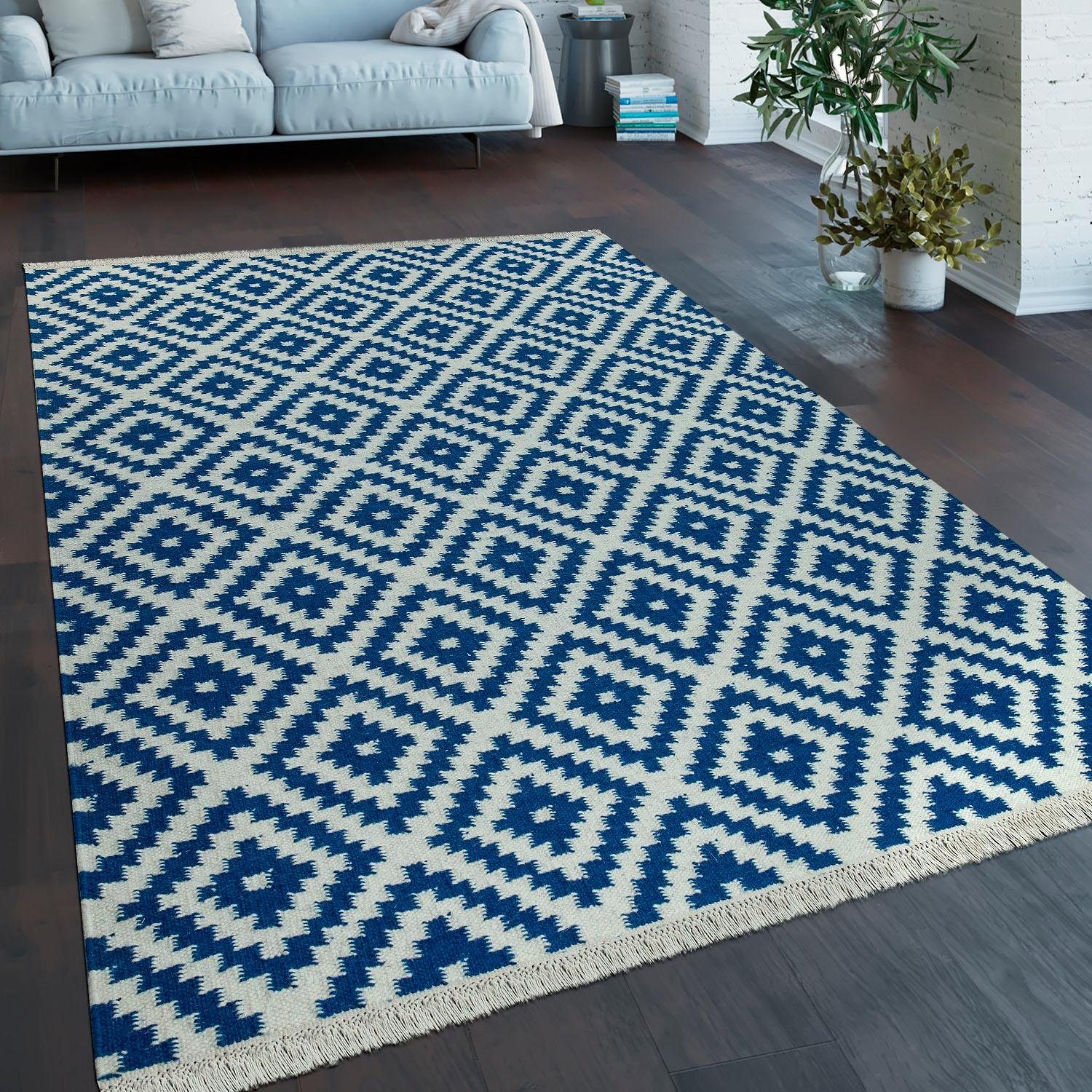 Paco Home Wollen kleed Kenitra 500 Platweefsel, zuivere wol, met de hand geweven, geruit design, met franje