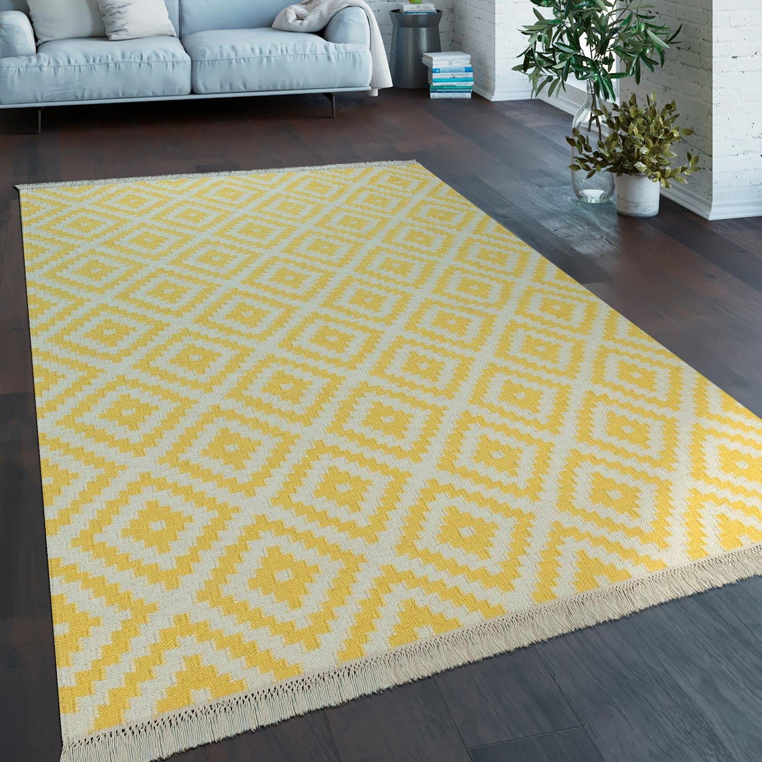Paco Home Wollen kleed Kenitra 500 Platweefsel, zuivere wol, met de hand geweven, geruit design, met franje