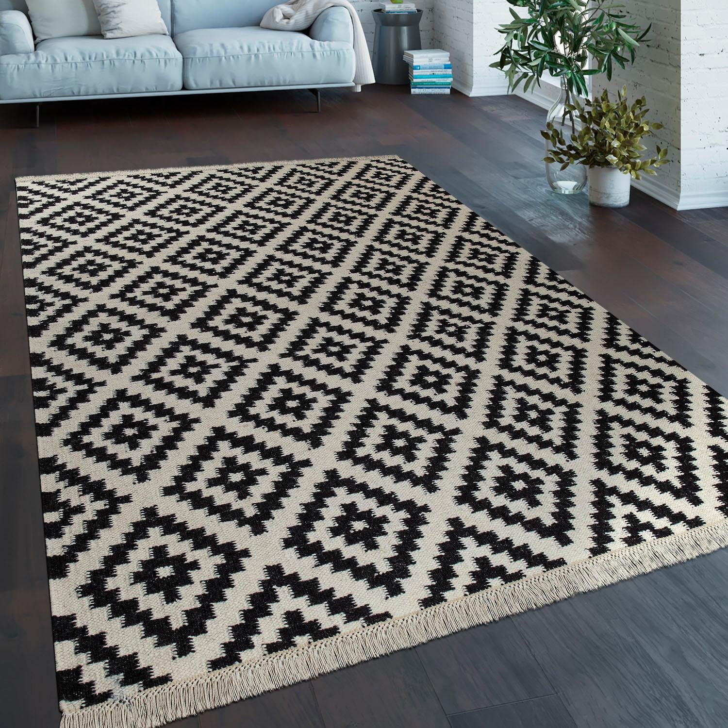 Paco Home Wollen kleed Kenitra 500 Platweefsel, zuivere wol, met de hand geweven, geruit design, met franje