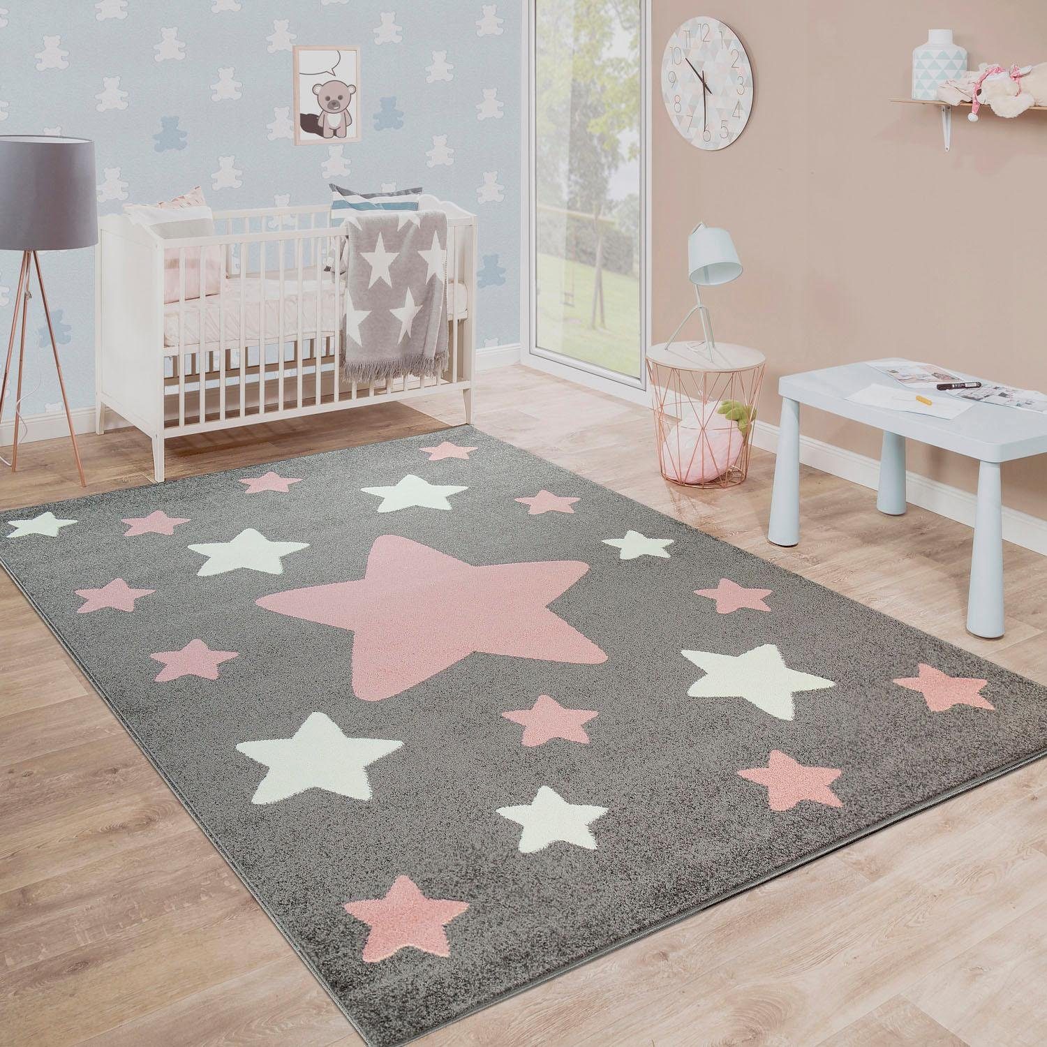 Paco Home Kindervloerkleed Capri 330 Korte pool, motief sterren, pastelkleuren, kinderkamer