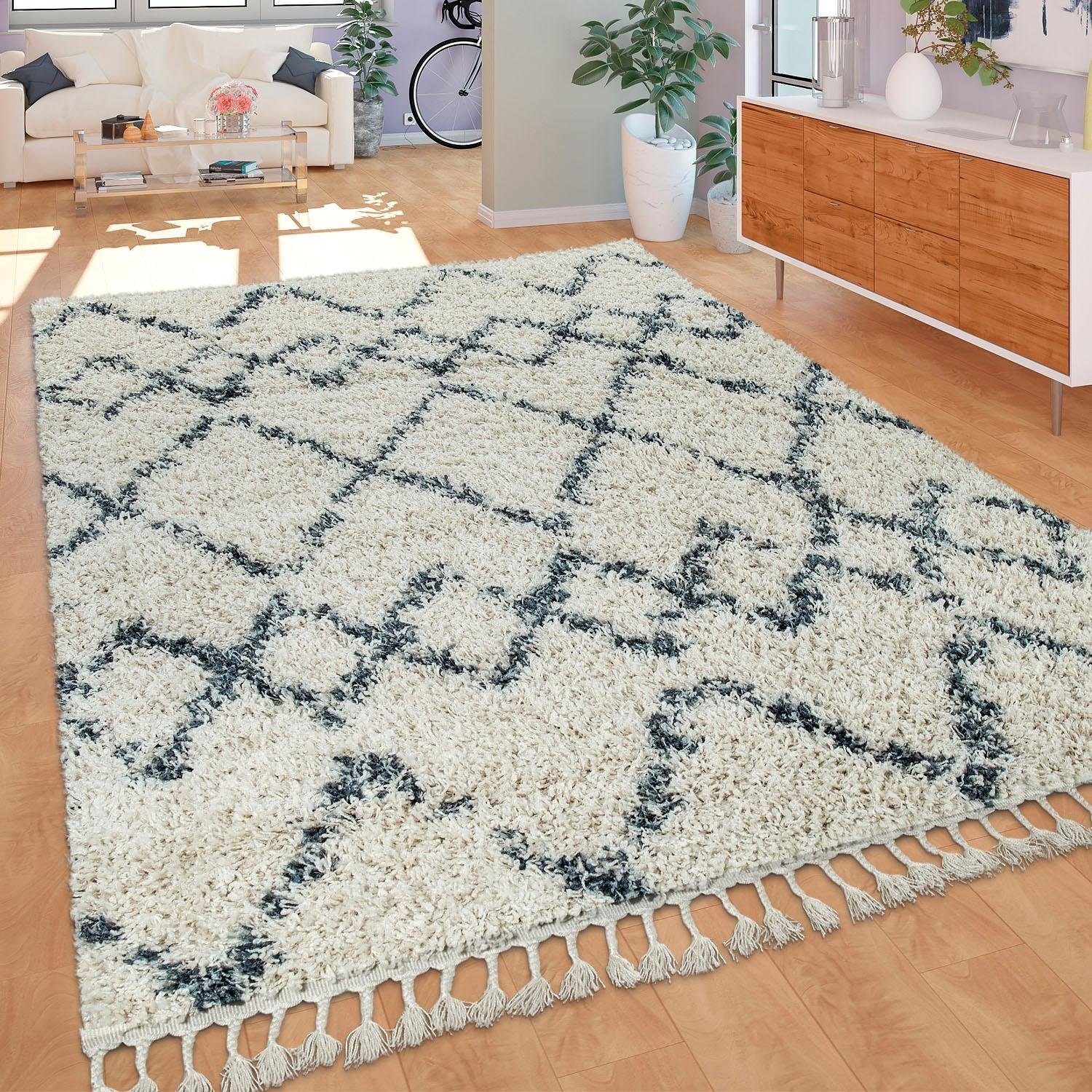 Paco Home Hoogpolig vloerkleed Nador 757 zachte shaggy met ruitendessin en franje