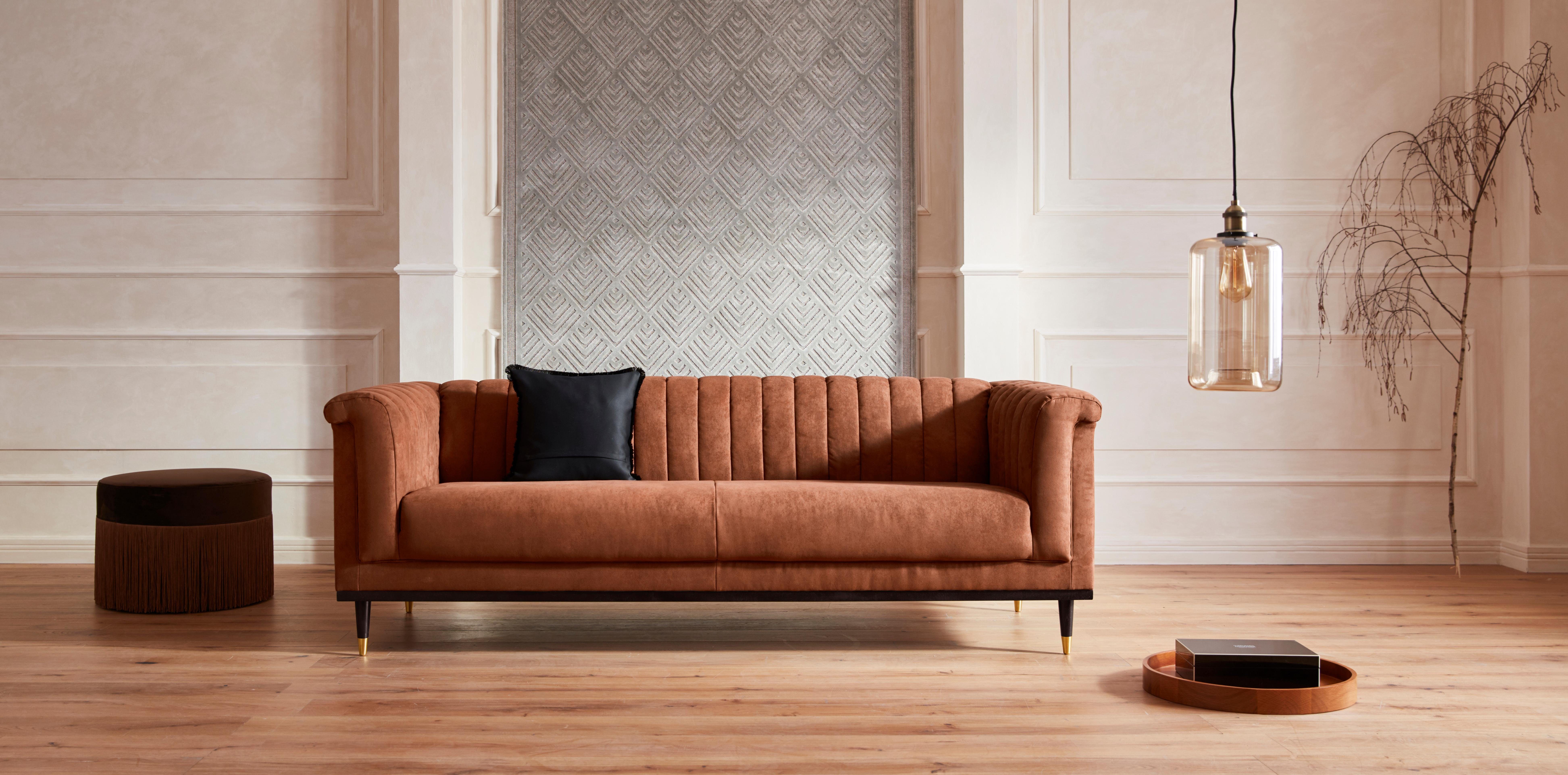Guido Maria Kretschmer Home&Living 3-zitsbank Chamby met houten rand onder en stiksels bij de leuning bruin, 3-zitsbanken, 210 cm