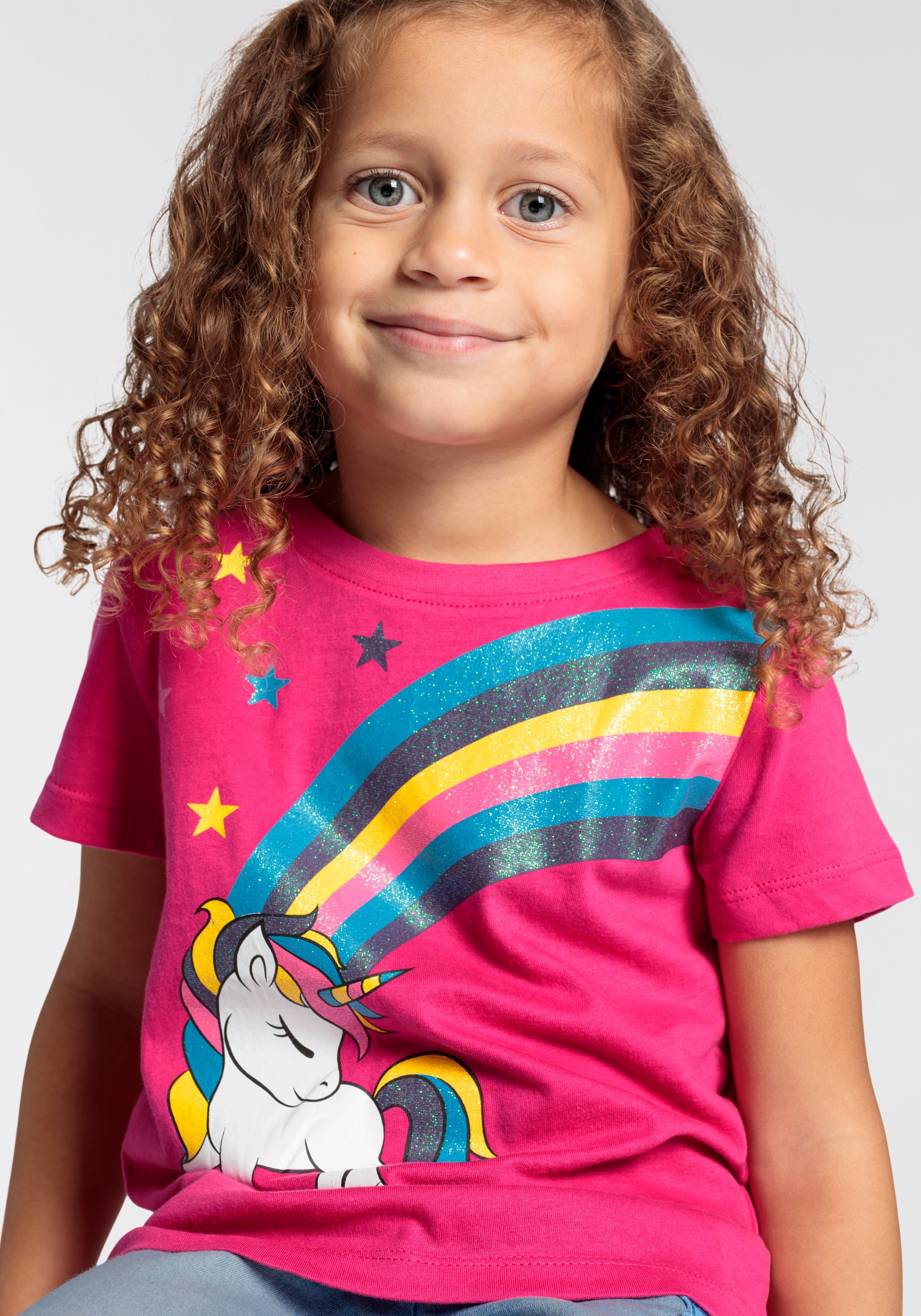 KIDSWORLD T-shirt Eenhoorn met regenboog Korte mouwen, heuplange pasvorm, bedrukt ontwerp