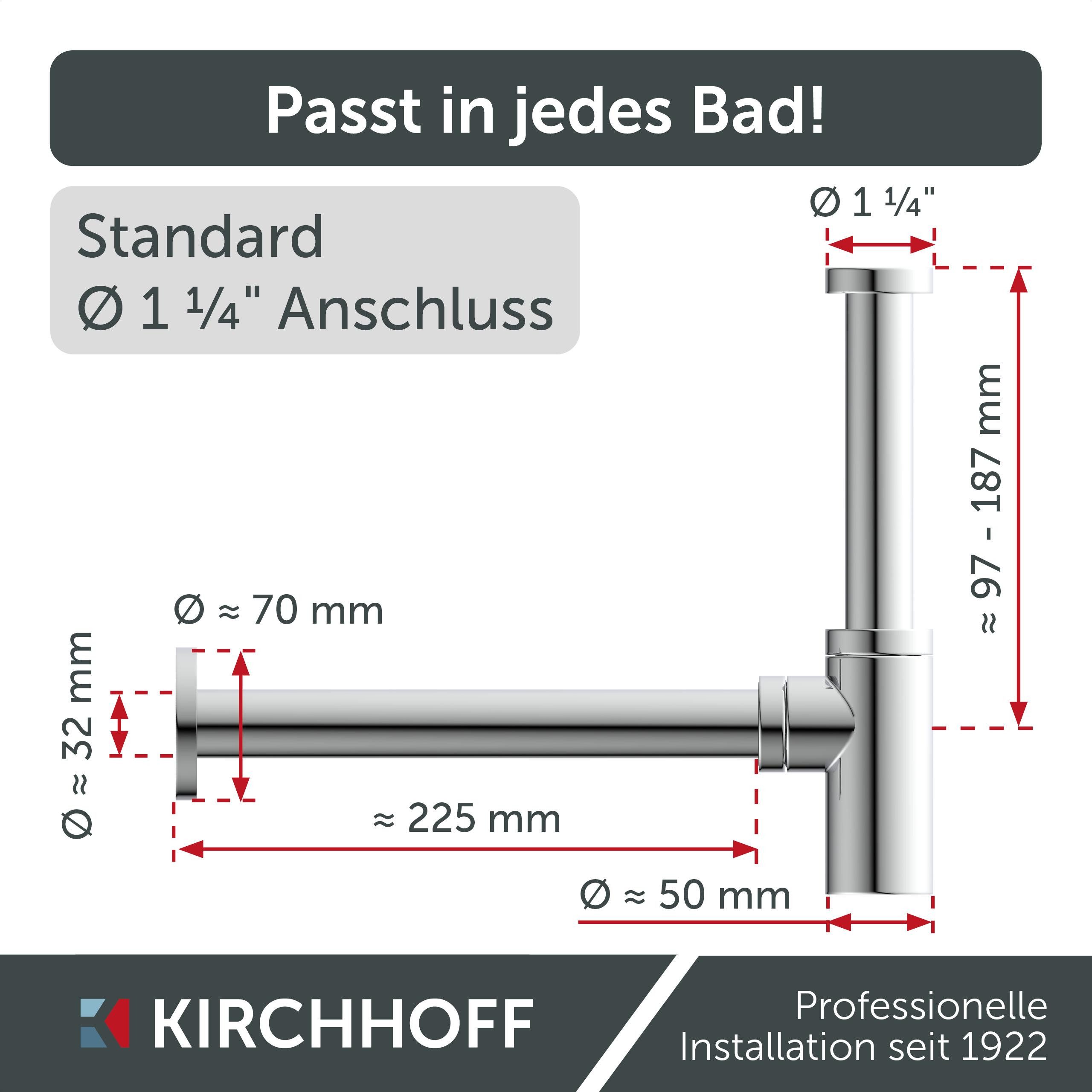 Kirchhoff Sifon Design flesafvoer inclusief reinigingsopening Buisvormige geurafsluiter voor wastafels/wasbakken