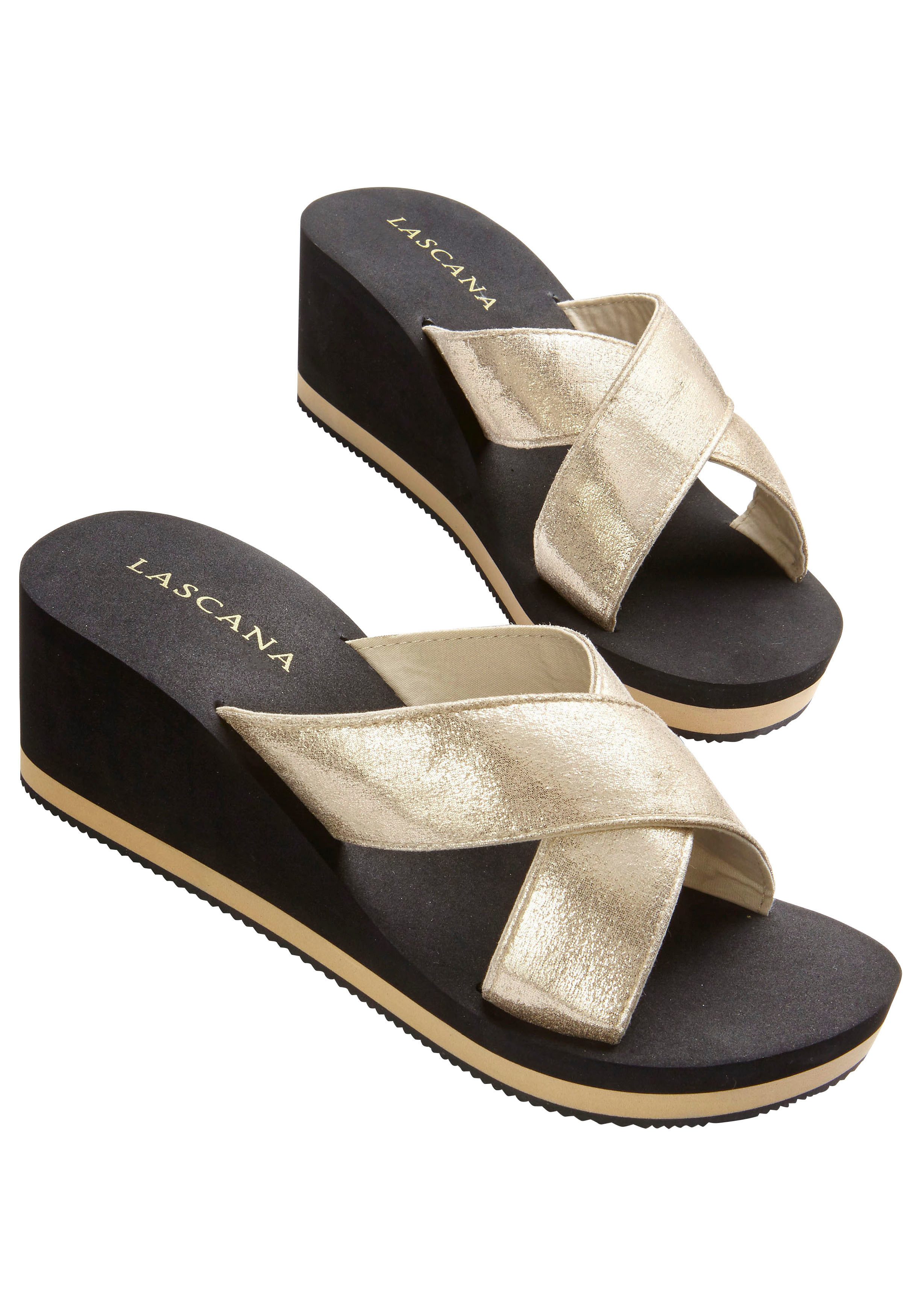 Lascana Badslippers Sandaal, pantoletten, badschoen met sleehak en metallic-look VEGAN