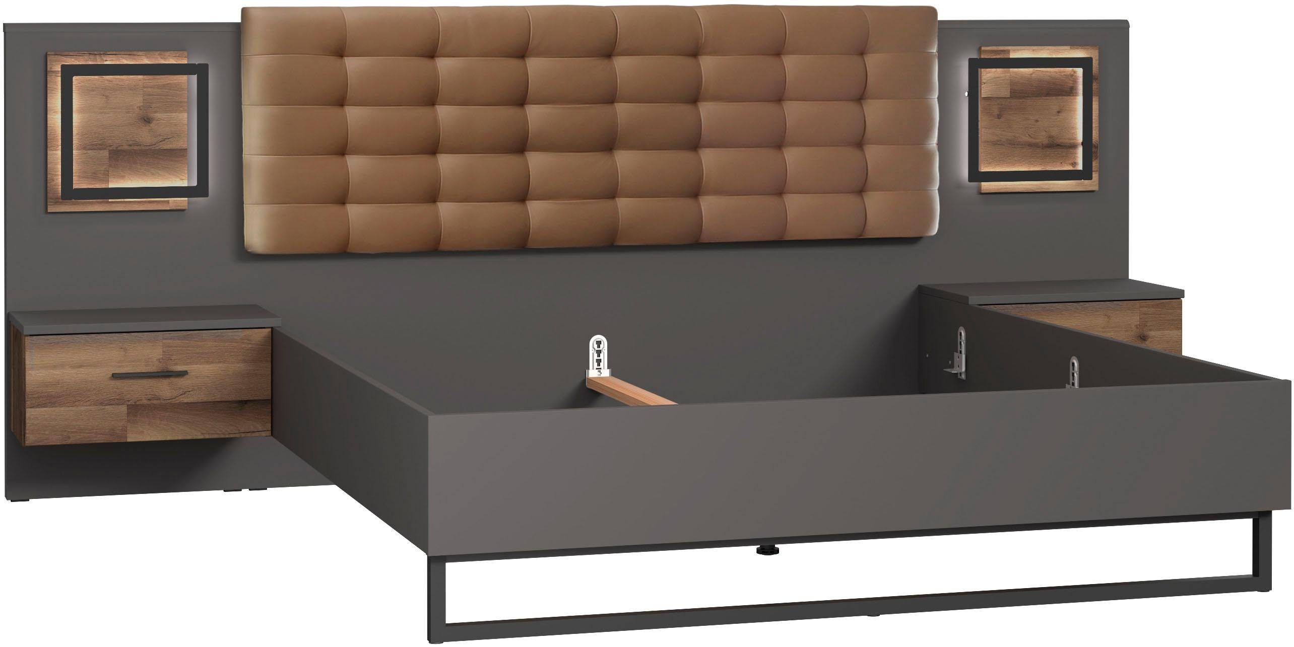 FORTE Ledikant Sirius Black met ledverlichting en bekleed hoofdbord (3-delig)