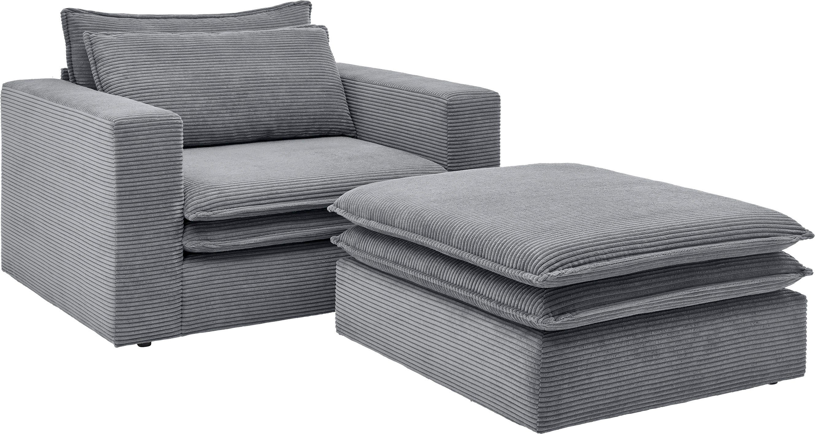 Places of Style Zithoek PIAGGE Hoogwaardige cord, fauteuil en hocker klein als set (2-delig)