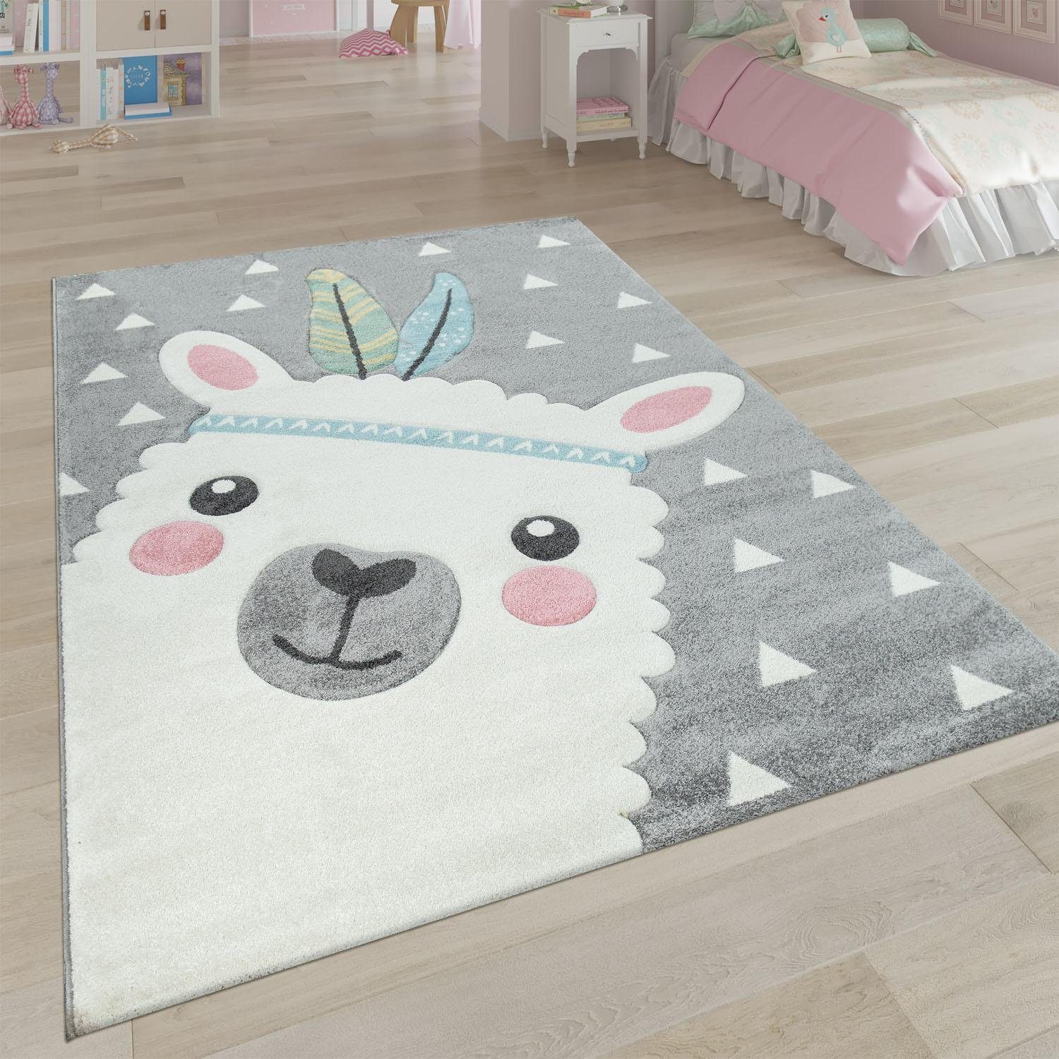 Paco Home Kindervloerkleed Ela 214 3d-design, motief lama, pastelkleuren, kinderkamer