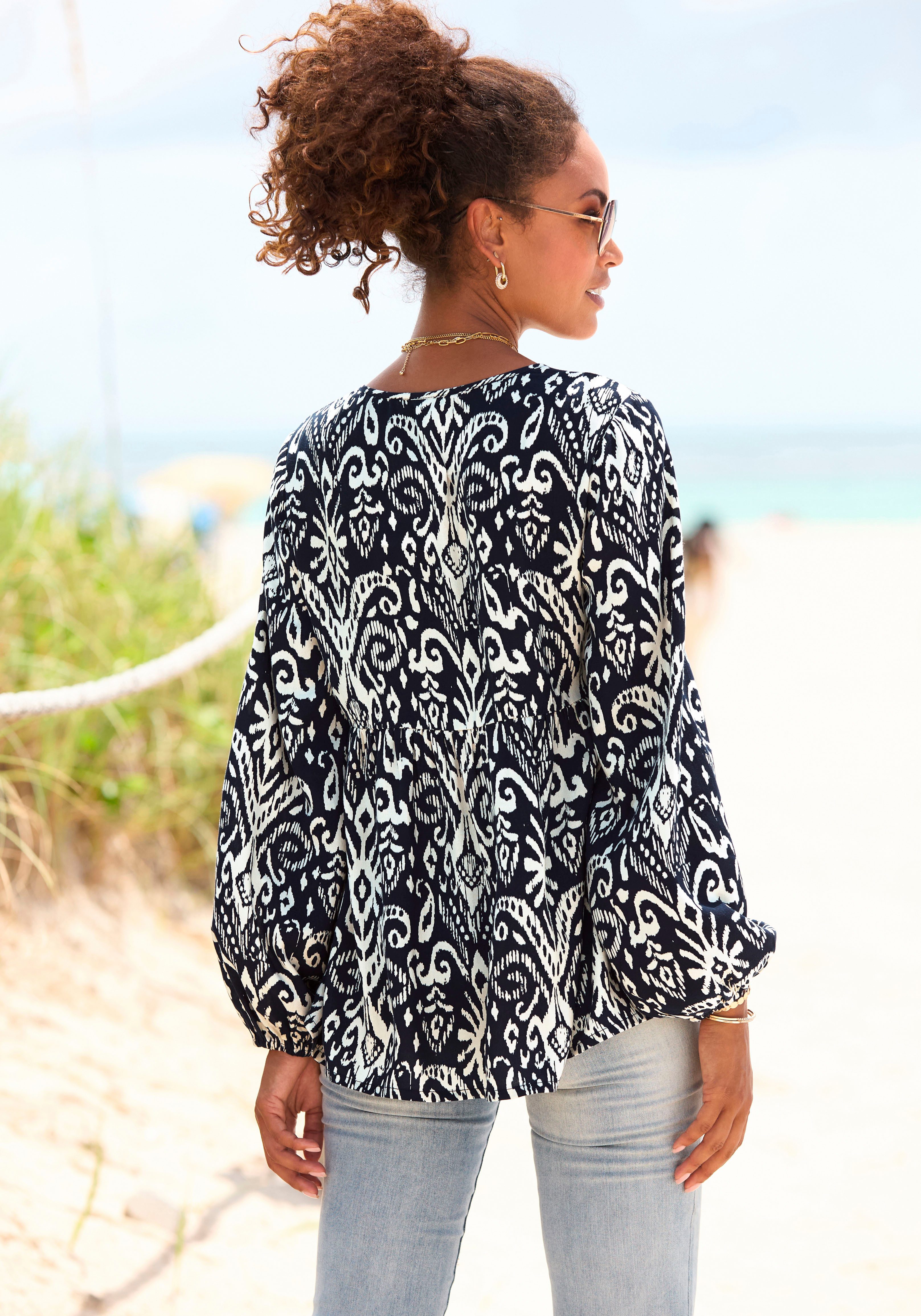 Vivance Blouse met lange mouwen met ballonmouwen, luchtige tuniek met alloverprint, boho-stijl