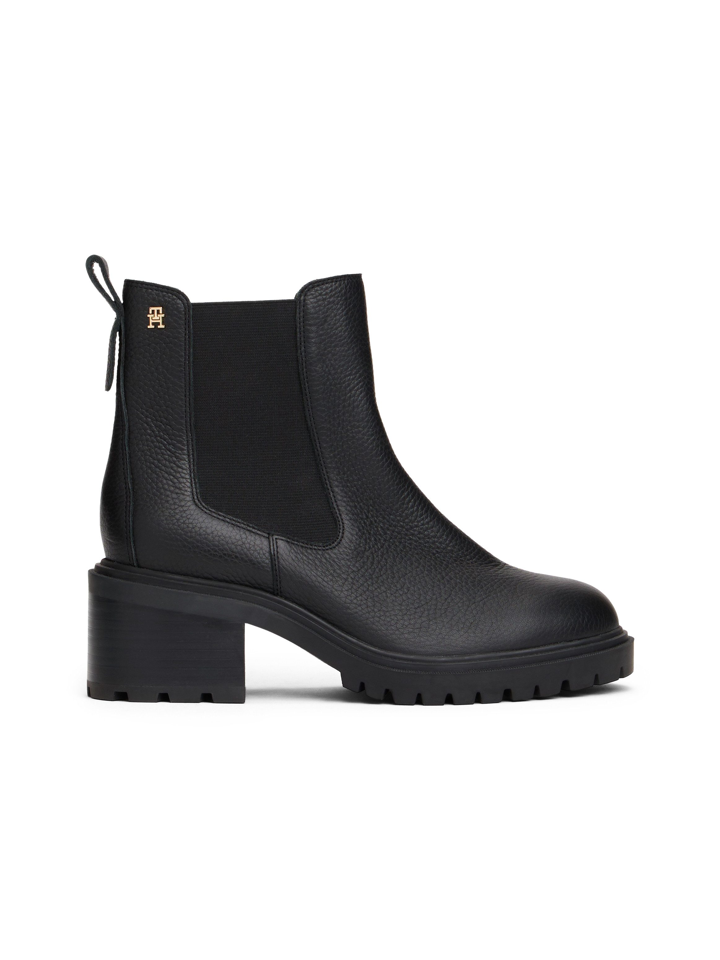 Tommy Hilfiger Chelsea-boots TH LEATHER CHELSEA CLEATED HEEL , blokhak, enkellaarsje met klein logo-embleem
