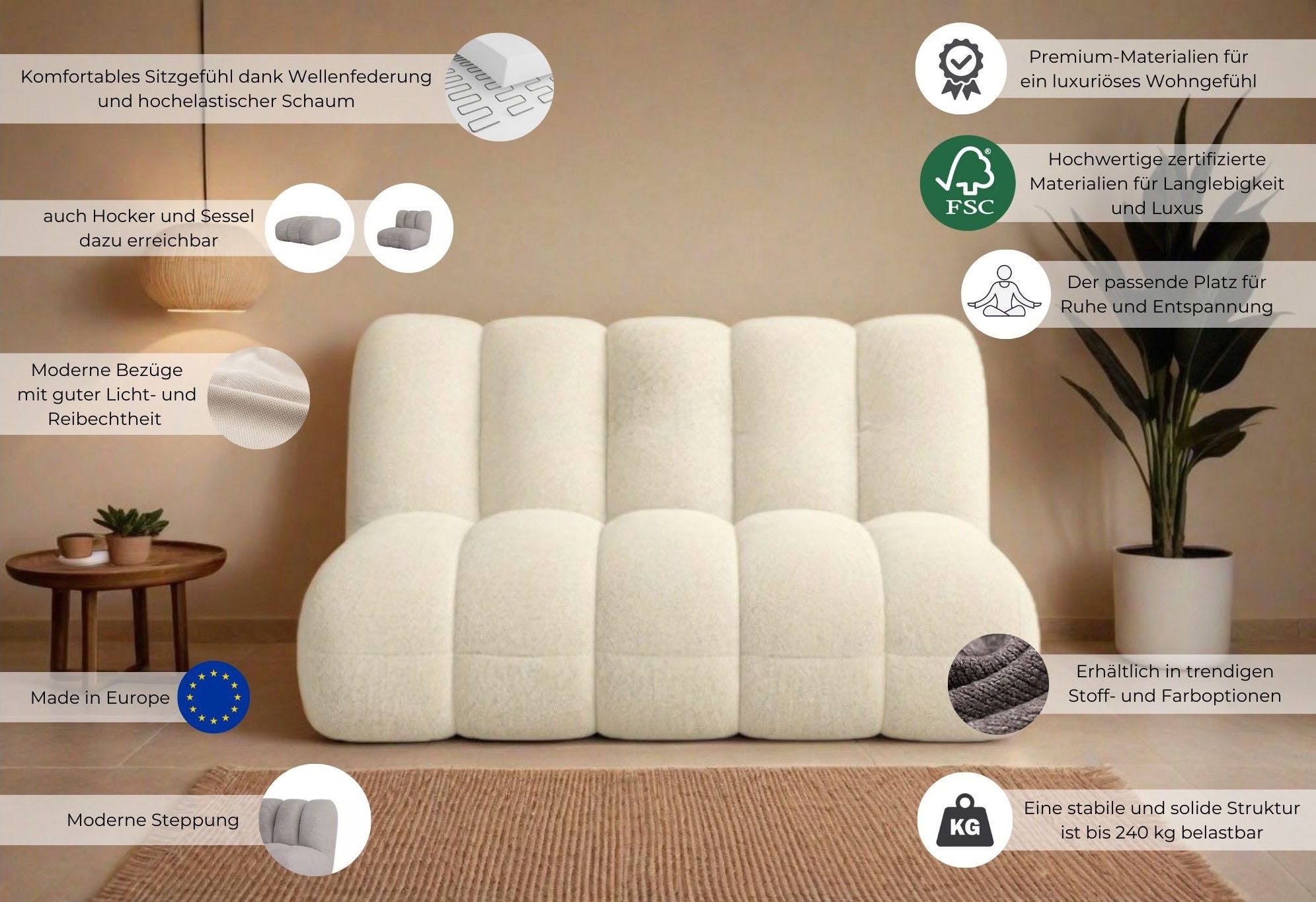 LeGer Home by Lena Gercke 2-zitsbank Priya designerbank, moderne stiksels, ook in bouclé