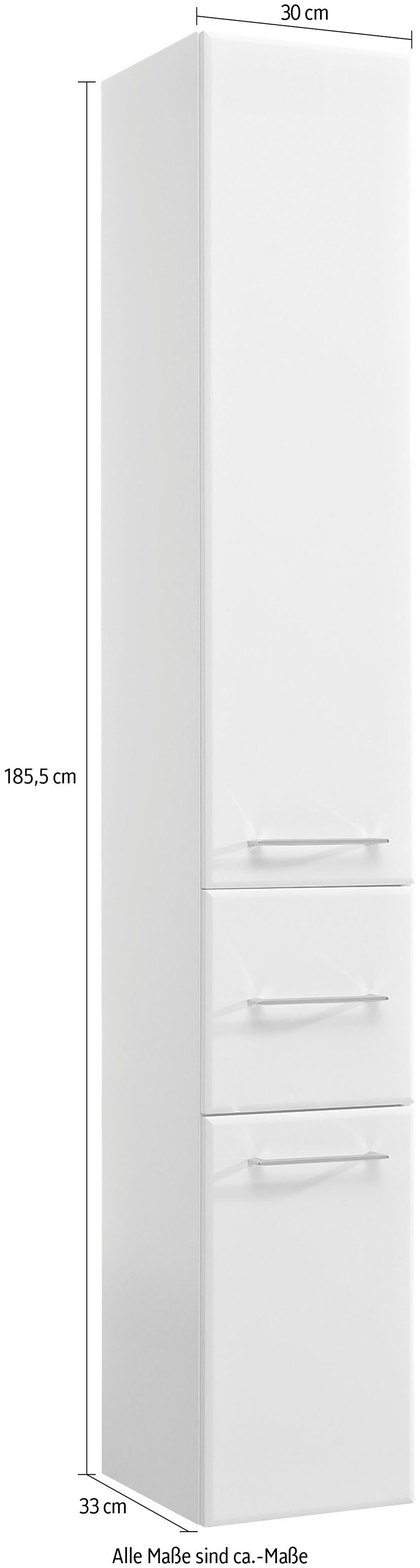 Saphir Hoge kast Quickset 376 Badkamermeubel 30 cm breed, 2 deuren, 1 lade Badkamer hoge kast, hoogglans wit, handgrepen in glanzend chroom