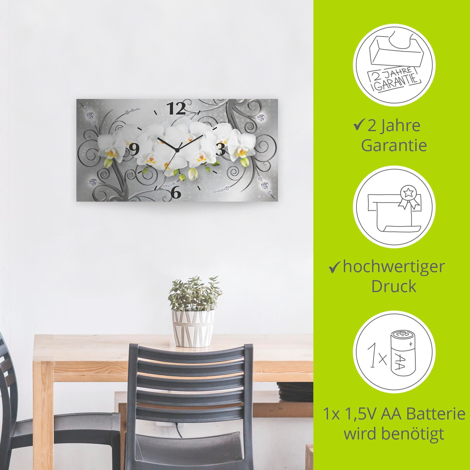 Artland Wandklok Witte orchideeën op ornamenten 3d-look geschulpt, met kwarts- of radiografisch uurwerk, verschillende maten