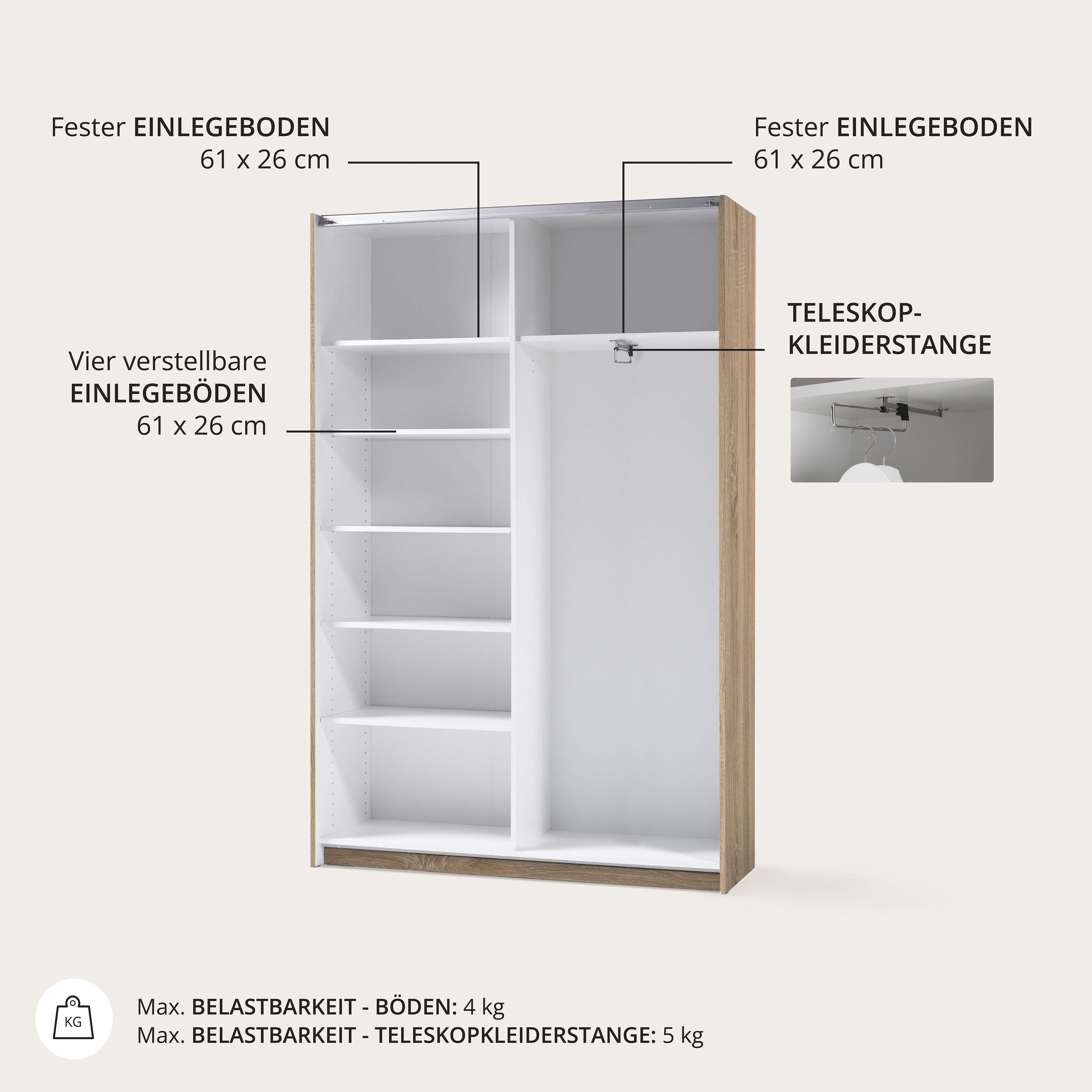 Schlafkontor Zweefdeurkast Heimo / Fast Kast Kledingkast Garderobe weinig diepte, uitschuifbare kledingstang, garderobekast, 6 planken