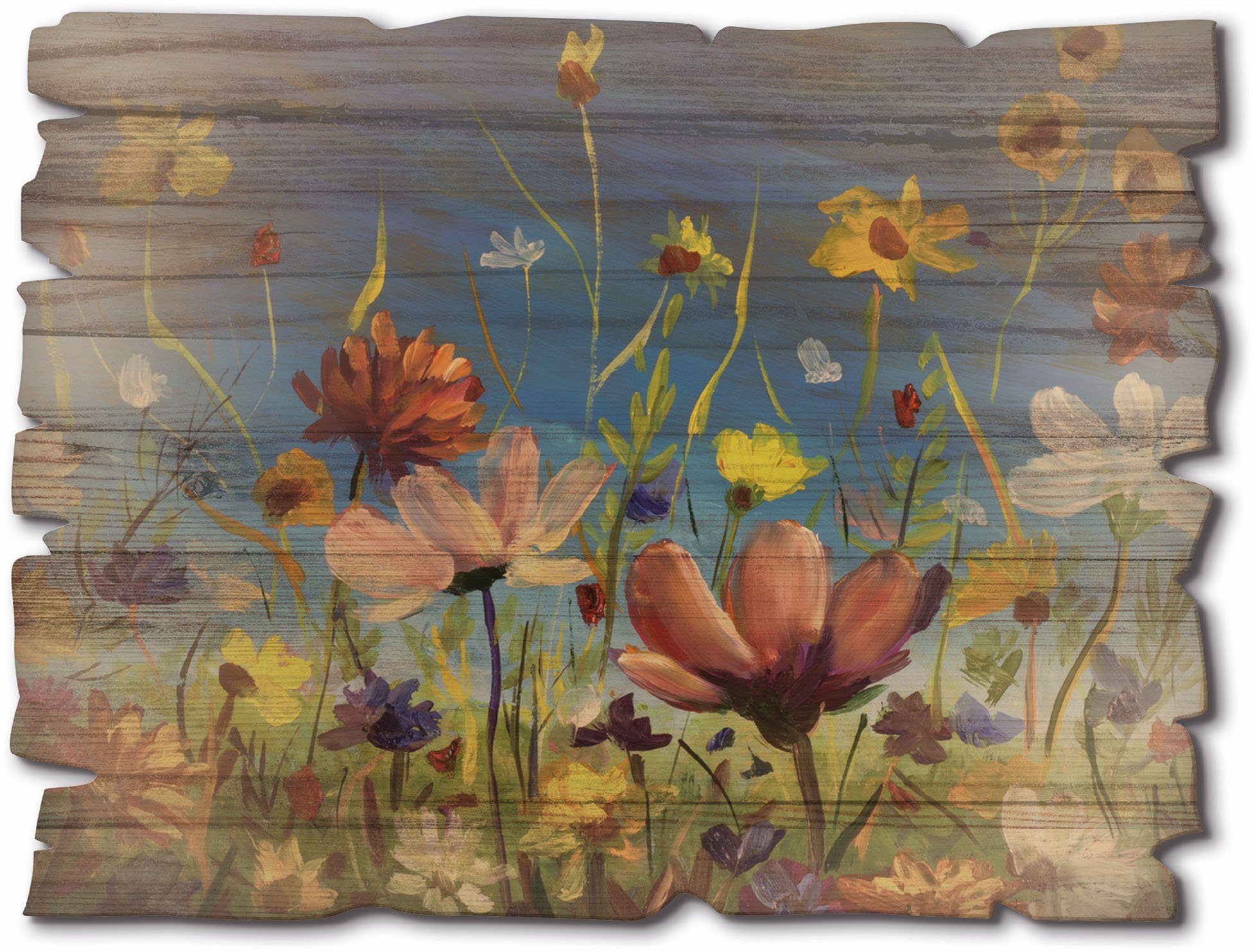 Artland Artprint op hout Weide met wilde bloemen blauwe hemel