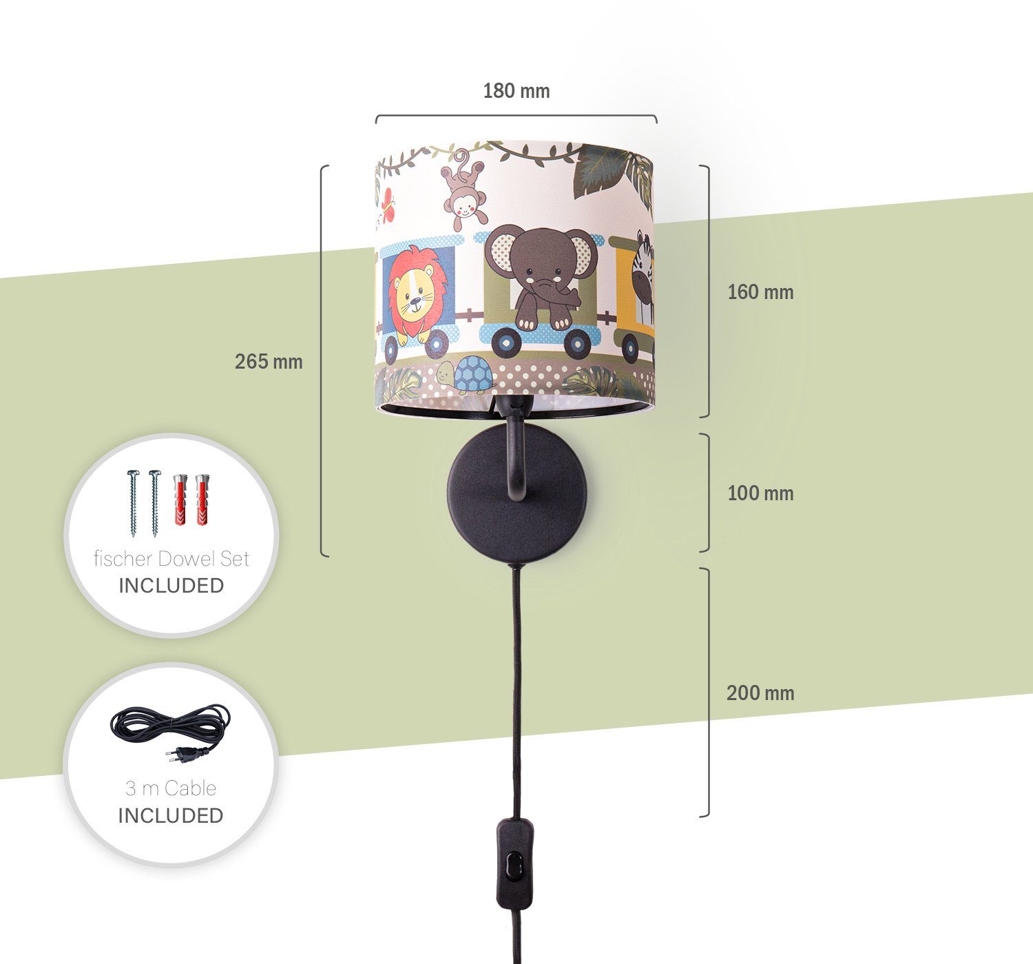Paco Home Wandlamp Diamond 635 Kinderlamp binnen met âˆ…18cm zoo dieren trek kabellengte 3m E14
