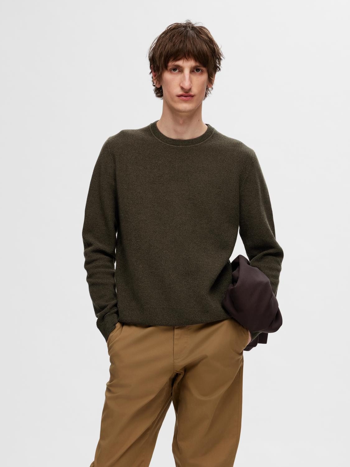 SELECTED HOMME Heren Truien & Vesten Slhross Ls Knit Structure Crew Neck Noos Groen